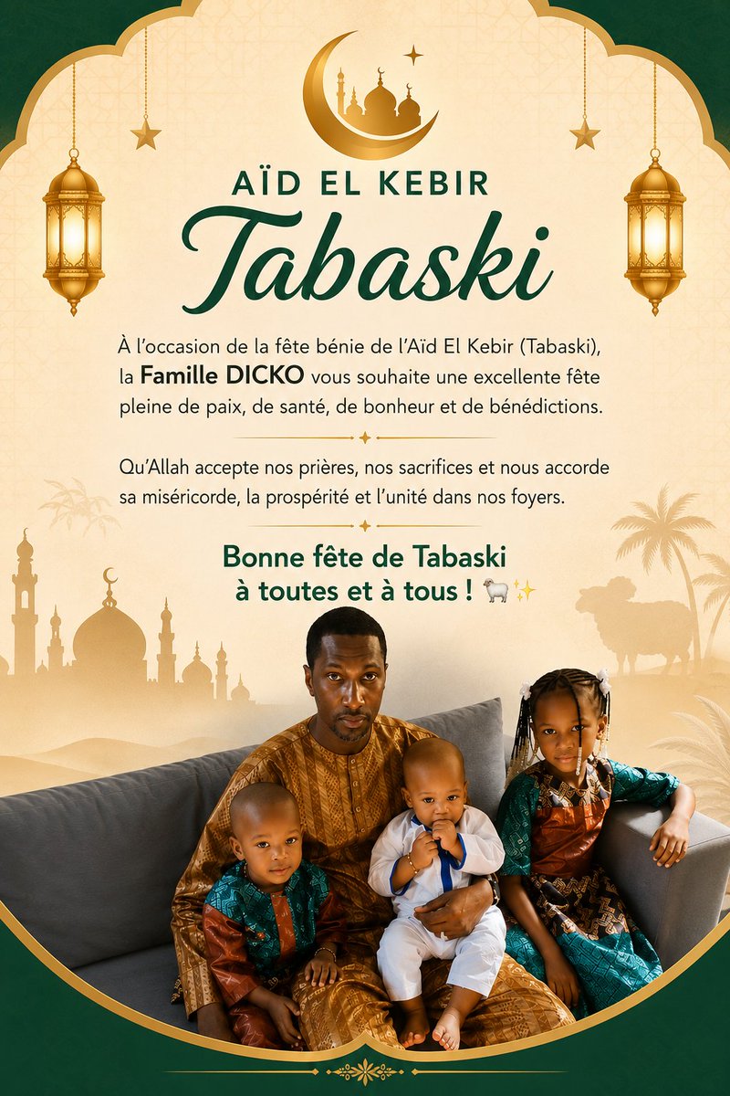sidymoctardicko's tweet photo. À l’occasion de la Tabaski, la Famille DICKO vous souhaite une excellente fête pleine de paix, de santé, de bonheur et de bénédictions.
Qu’Allah accepte nos prières, nos sacrifices et nous accorde sa miséricorde et l’unité dans nos foyers.
Bonne fête à toutes et à tous !* 🐑✨ https://t.co/IIVXhZM9MM
