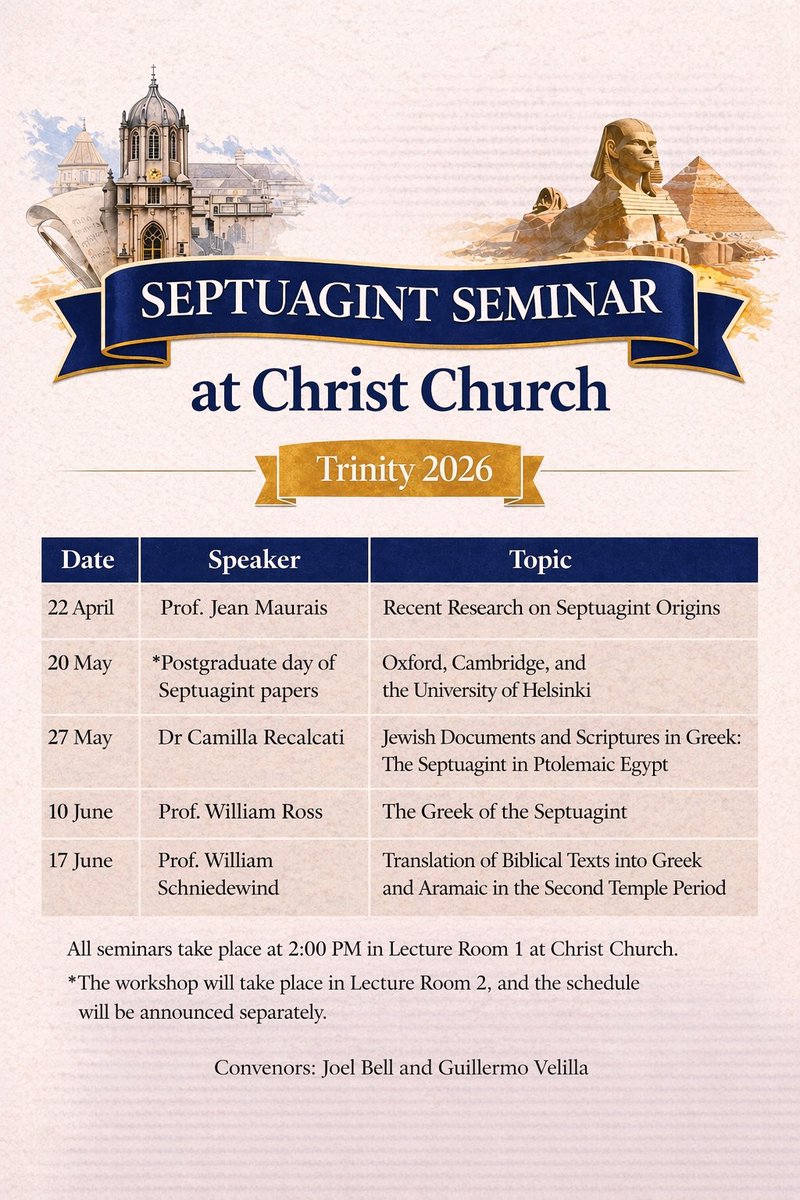 CamillaLxx's tweet photo. Back to Ptolemaic Egypt this afternoon ✨
Very happy to be presenting today at the Septuagint Seminar at Christ Church, Oxford. Join me if you would like to hear more about papyri, the Septuagint, and how they can illuminate the language and world of the Greek Bible. https://t.co/aVlUiTFgCx