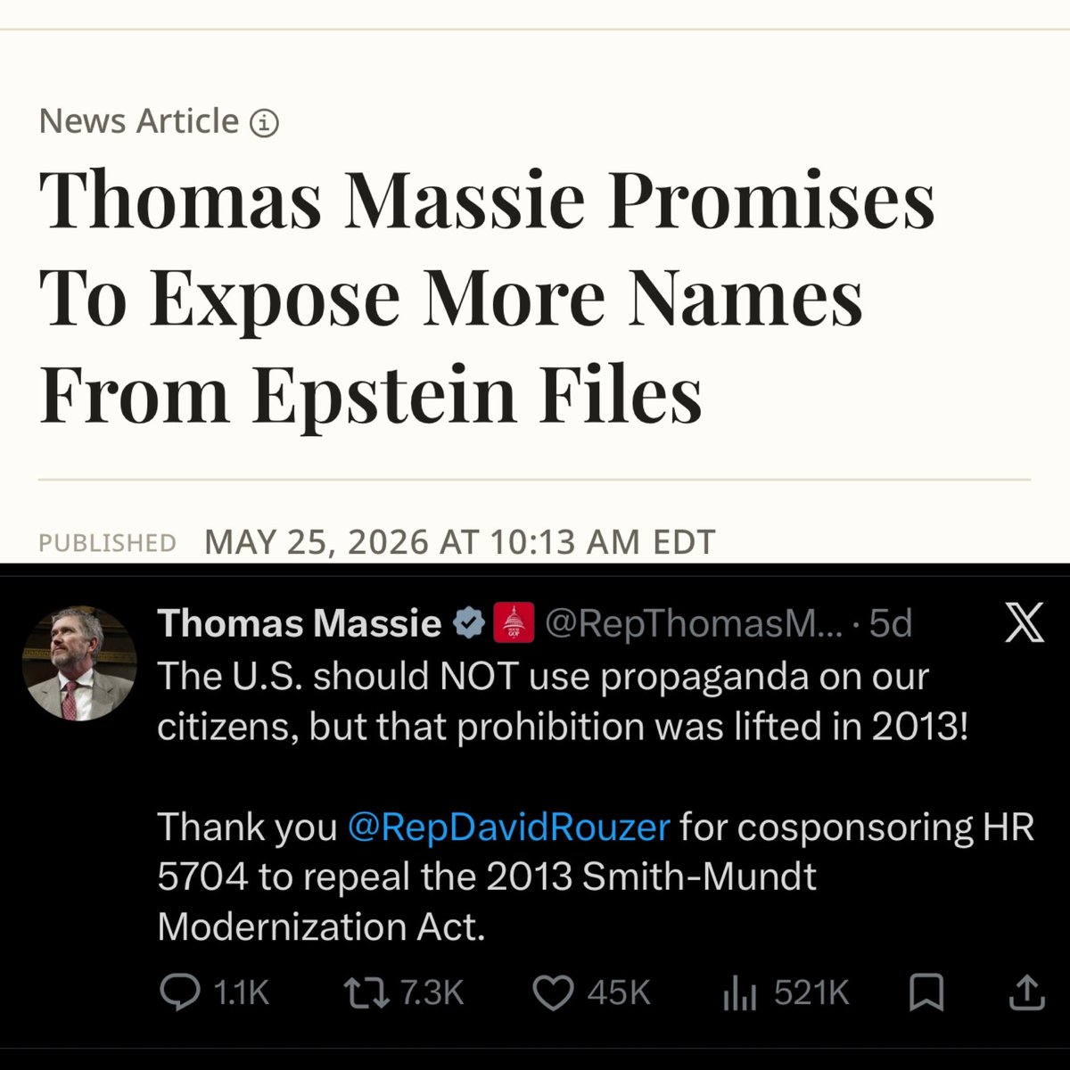 VSOGunChannel's tweet photo. I generally like @RepThomasMassie as much as I will allow myself to like a politician. 

There are only two possibilities. 
1.) He knows the names: He has been and is currently protecting them 
2.) He doesn’t know the names: He is lying

Neither is good. https://t.co/6yfFvDw1OW
