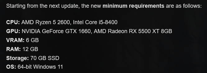 KuronCow's tweet photo. @thewitcher This might be me ranting or misunderstanding what "minimal" means, but comparing last minimal specs update in 2024 (left) it feels like a slap in the face.
How do we go from:
Minimal RAM from 6GB to 12GB
Minimal GPU 660 to 1660
Hope this will be addressed.
https://t.co/KcXBhR7zj1 https://t.co/PVJ6PoBqev