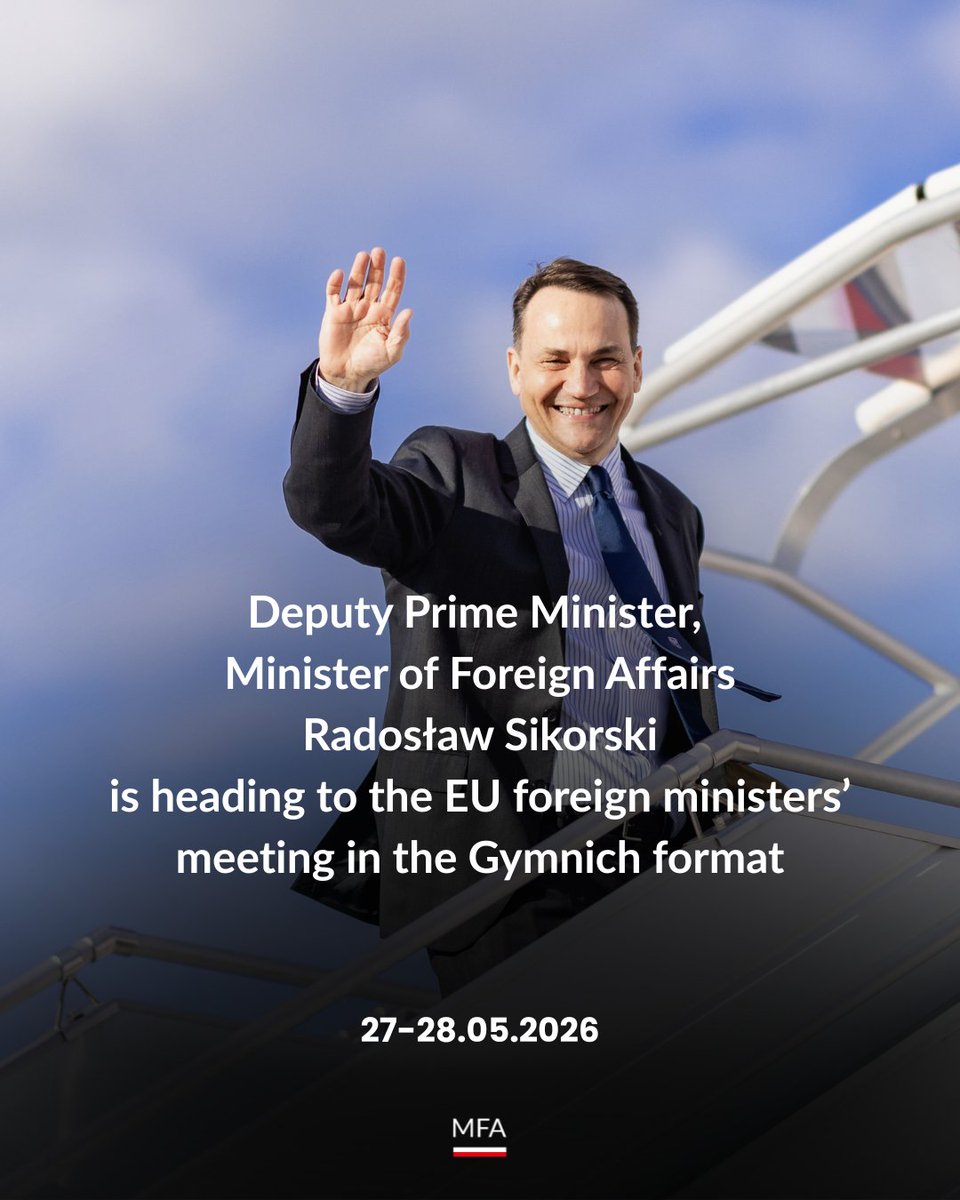 PolandMFA's tweet photo. Deputy Prime Minister, FM @sikorskiradek is traveling to Cyprus, where he will take part in an informal meeting of EU foreign ministers in the Gymnich format on May 27–28.

The main focus of the talks will be:
🔹 an open discussion on key regional challenges
🔹 the current international situation