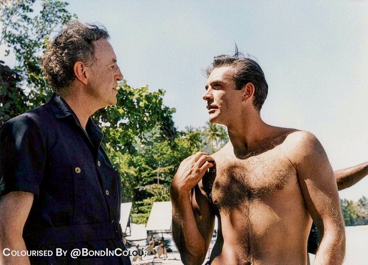 BondinColour's tweet photo. Ian Fleming and Sean Connery chat during Dr No filming. They met a number of times and I do wonder what Connery thought of being described by Fleming as a “roughneck”. Just goes to show any new Bond actor will have their critics! #jamesbond #seanconnery #ianfleming #drno https://t.co/ll498gbW5s