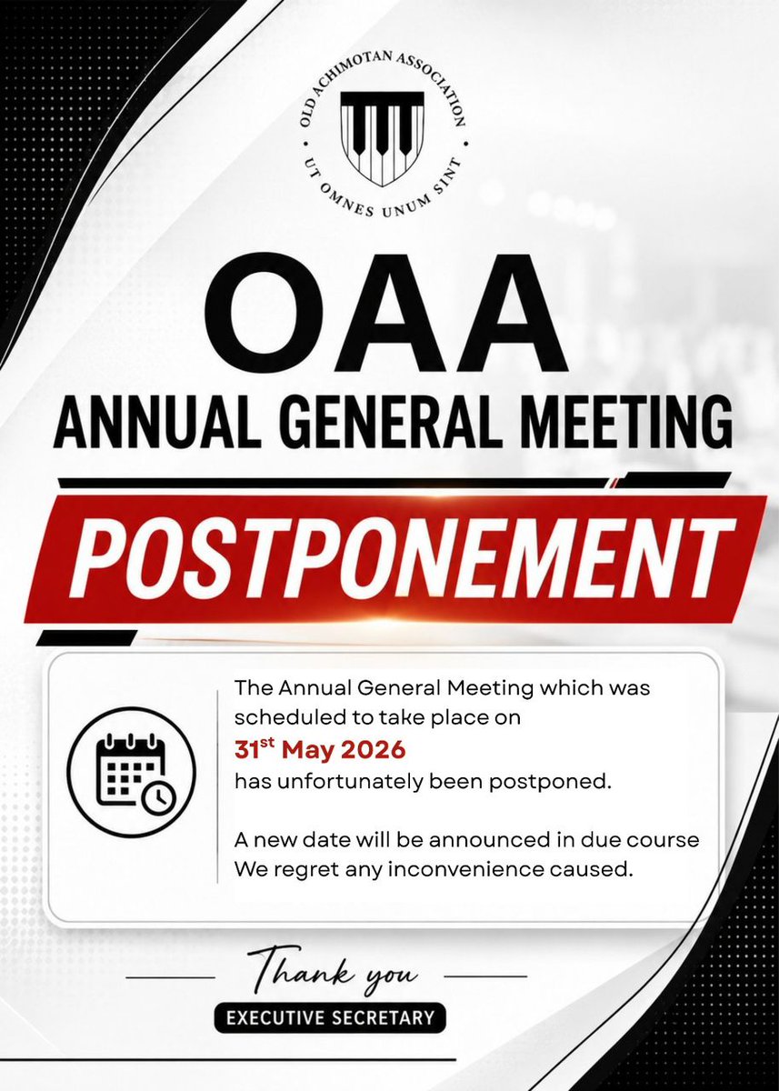 oaa_2017's tweet photo. ‼️OAA ANNUAL GENERAL MEETING POSTPONED‼️

Unfortunately, the annual general meeting has been postponed.
A  new date will be announced in due course.
Apologies for the inconvenience caused.

Please circulate to all Akoras. https://t.co/kpFBXEcb3L