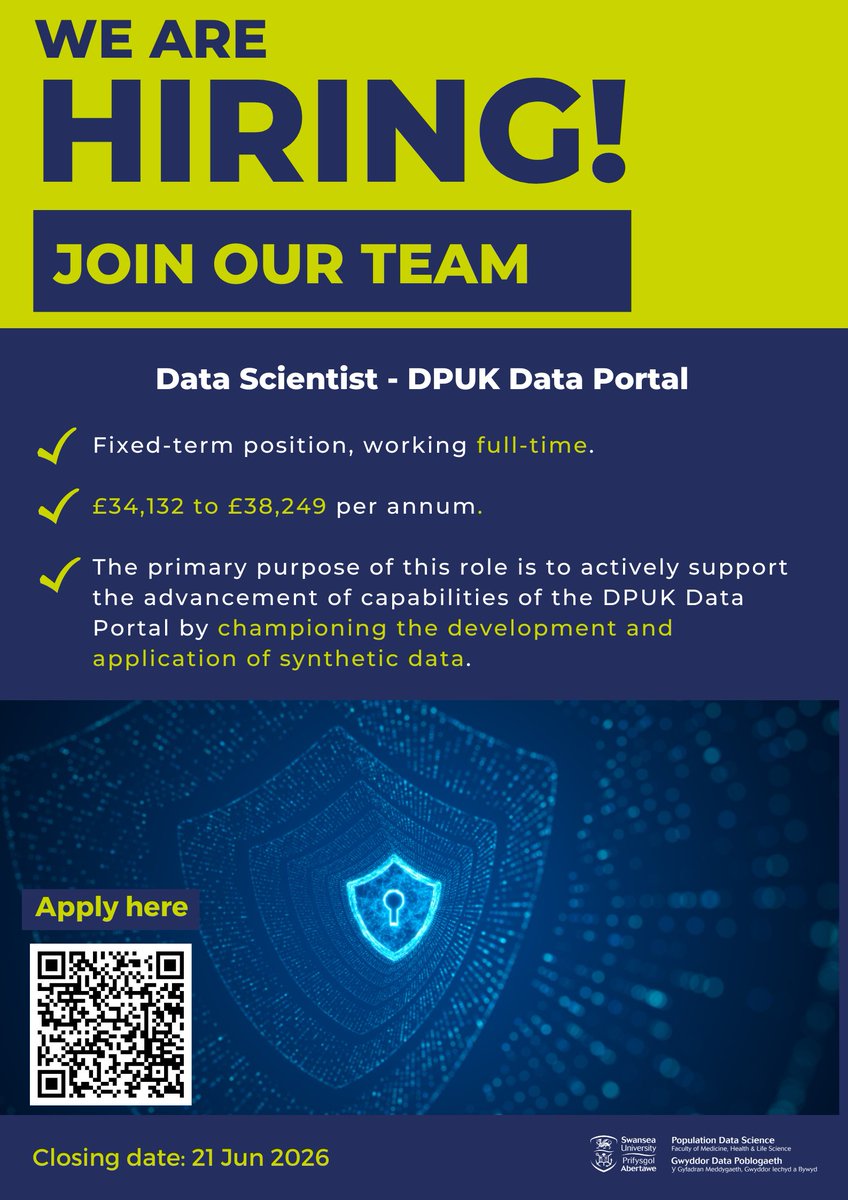 PopDataSci_SU's tweet photo. 🚀 Join @DPUKDataPortal as a Data Scientist developing synthetic data tools and pipelines.

🗓️ Closes: 21 June 2026

Apply now 👉https://t.co/Pgp5KR2evB

#DataScience #TechJobs #SyntheticData https://t.co/7LffT2tRFP