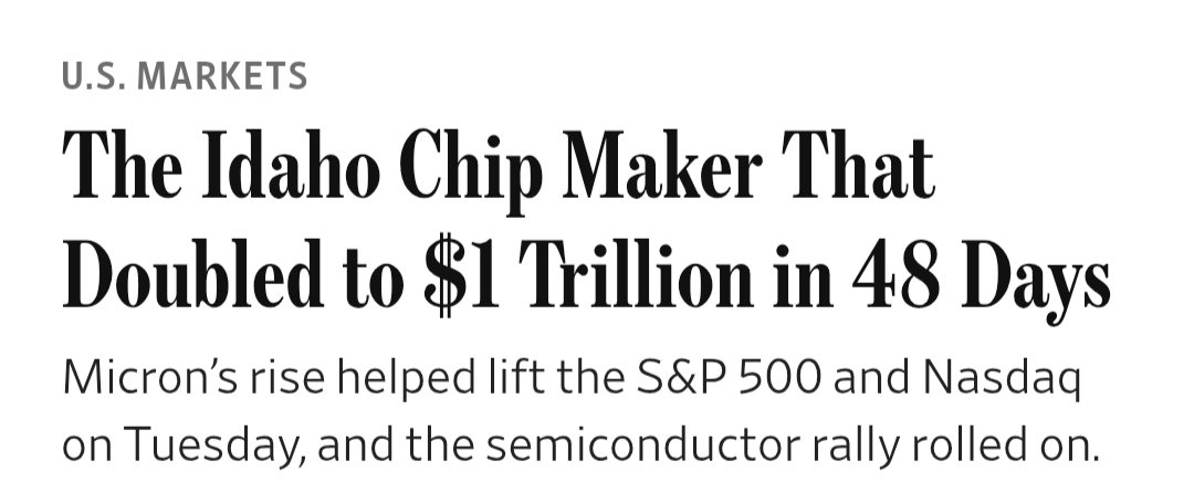 Fongern_FX's tweet photo. Let that sink in: Micron went from $500B to $1 trillion in 48 days. That's roughly $10 billion in market cap per day. In short: Nothing about that is normal. The stock doubled in 48 days(!) before the earnings caught up; that gap is either genius or a problem. https://t.co/VHBhS1HtZb