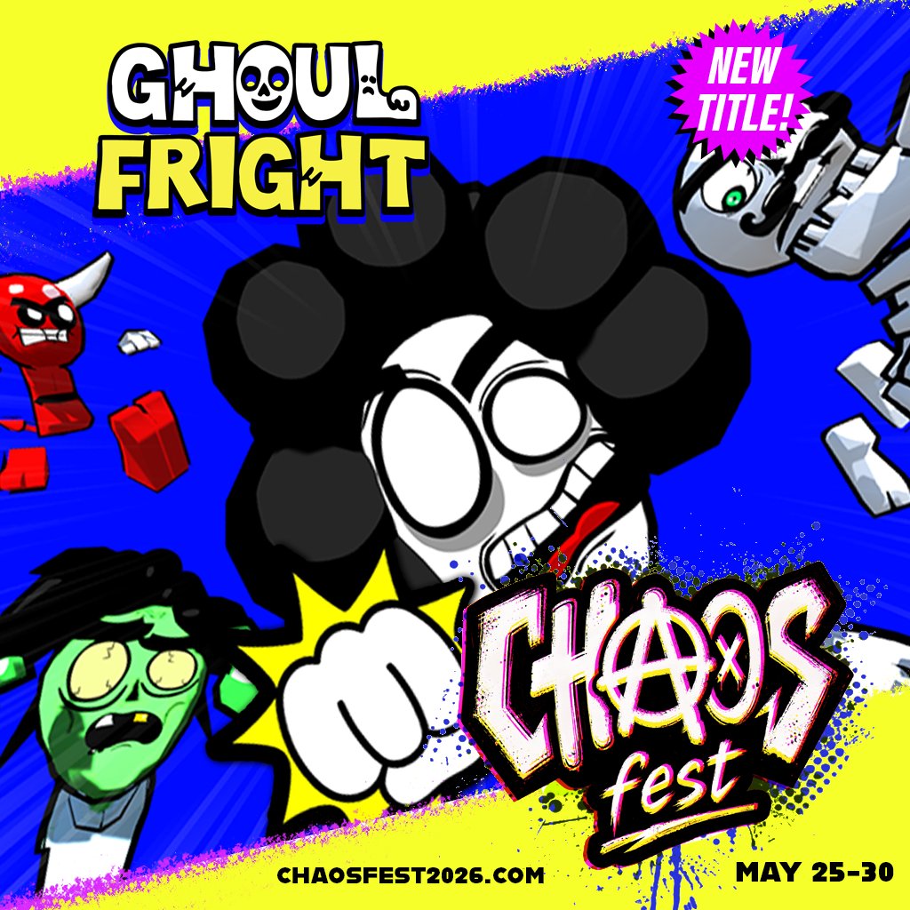 GhoulFright's tweet photo. Ghoul Fright is joining #ChaosFest2026 next week! 🔥
A festival for weird, wild and chaotic games.

Get ready for haunted mansion brawls, flying furniture, exploding skeletons and pure cartoon horror chaos.

Tune in May 30th!! https://t.co/oeQkShnLVP