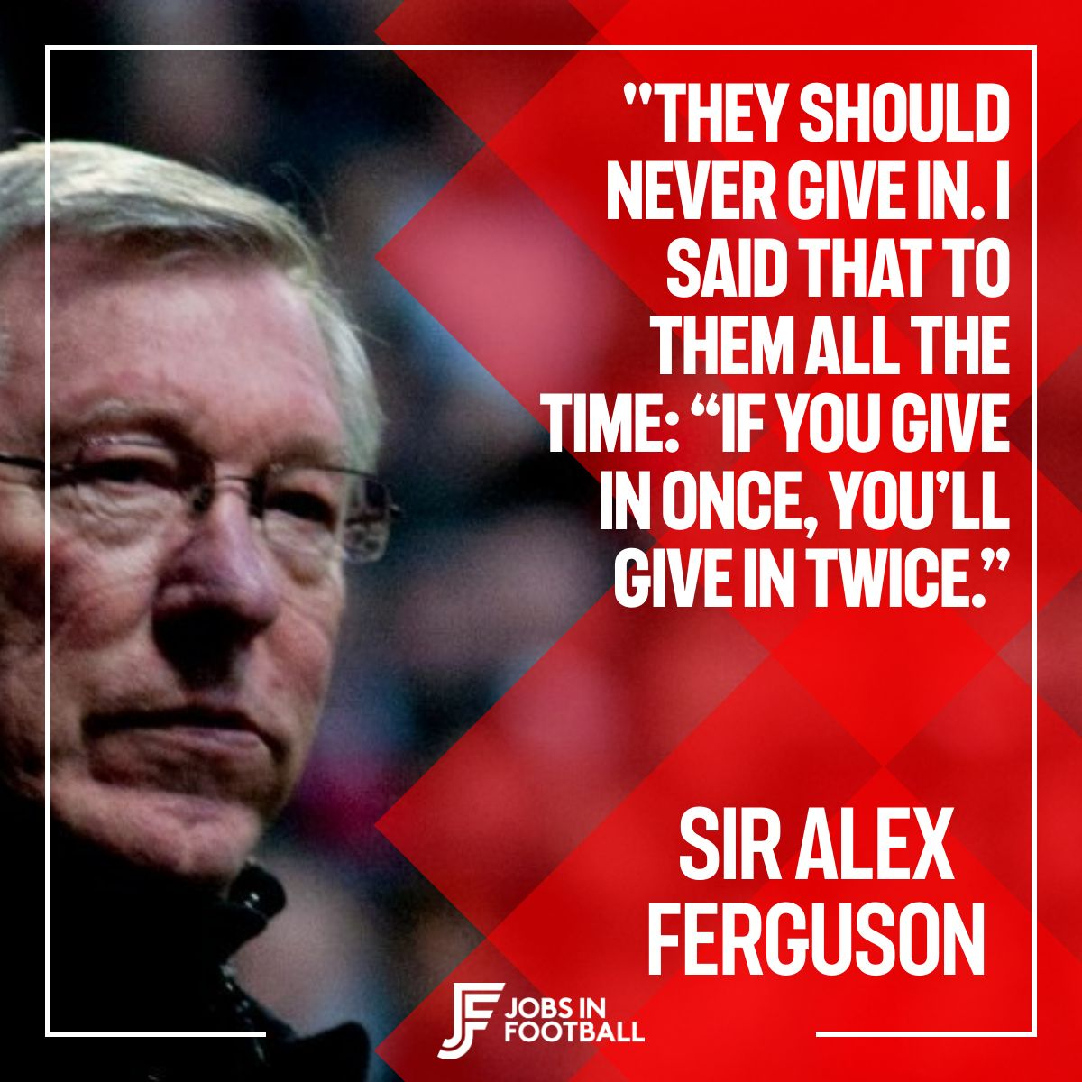 JobsInFootball's tweet photo. Resilience is one of the most important traits in football.

There will always be setbacks — missed opportunities, tough results, and moments when things don’t go your way. The key is never giving in.

As Alex Ferguson often reminded his players, the standards you set for yourself matter. Give in once, and it becomes easier to do it again.

The people who succeed in football — whether on the pitch or working behind the scenes — are the ones who stay determined, keep pushing, and refuse to lower their standards.

⚽ Take the next step in your football career:
https://t.co/78fNoLvCH3

#FootballCareers #JobsInFootball #SirAlexFerguson #FootballIndustry #SportsCareers