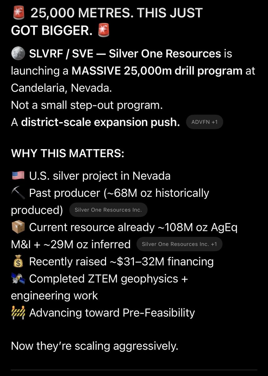 CharlesT_555's tweet photo. π¨ 25,000 METRES. THIS JUST GOT BIGGER. π¨
πͺ #SLVRF / #SVE β Silver One Resources is launching a MASSIVE 25,000m drill program at Candelaria, Nevada.
$SLVRF = scale + catalysts + leverage + timing. π
https://t.co/91QiAglozX https://t.co/GVkKnvBBhm