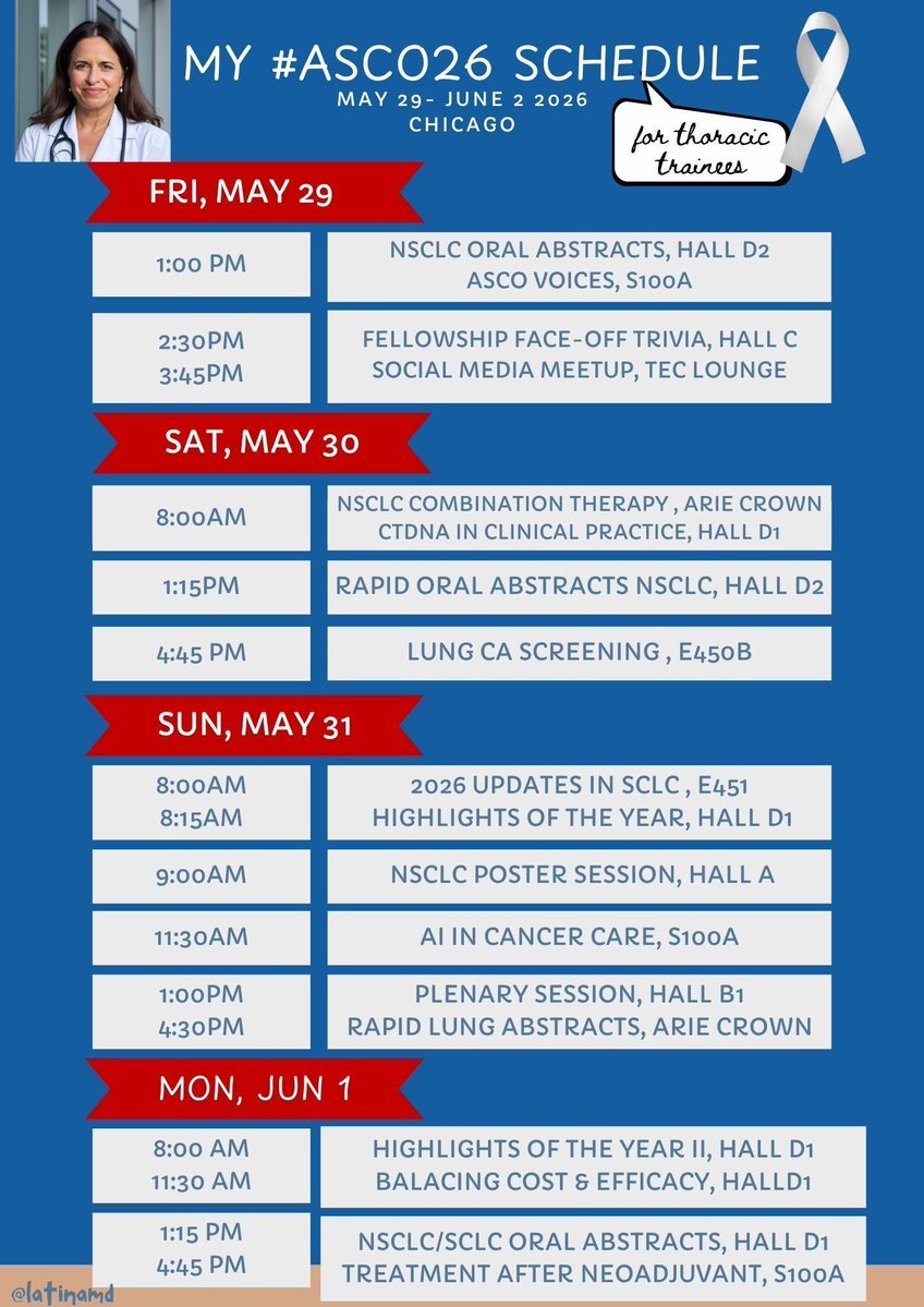 Latinamd's tweet photo. The #ASCO26 schedule I wished someone had given me when I was as a Hem-Onc fellow interested in thoracic oncology- attending my first @ASCO meeting

This is just a start — try to learn about a different cancer type and connect with at least 2 new people each day.

And don’t miss the poster sessions: one of the best places to network, find future collaborators, and even explore job opportunities. @hemoncmiami @hemoncfellows