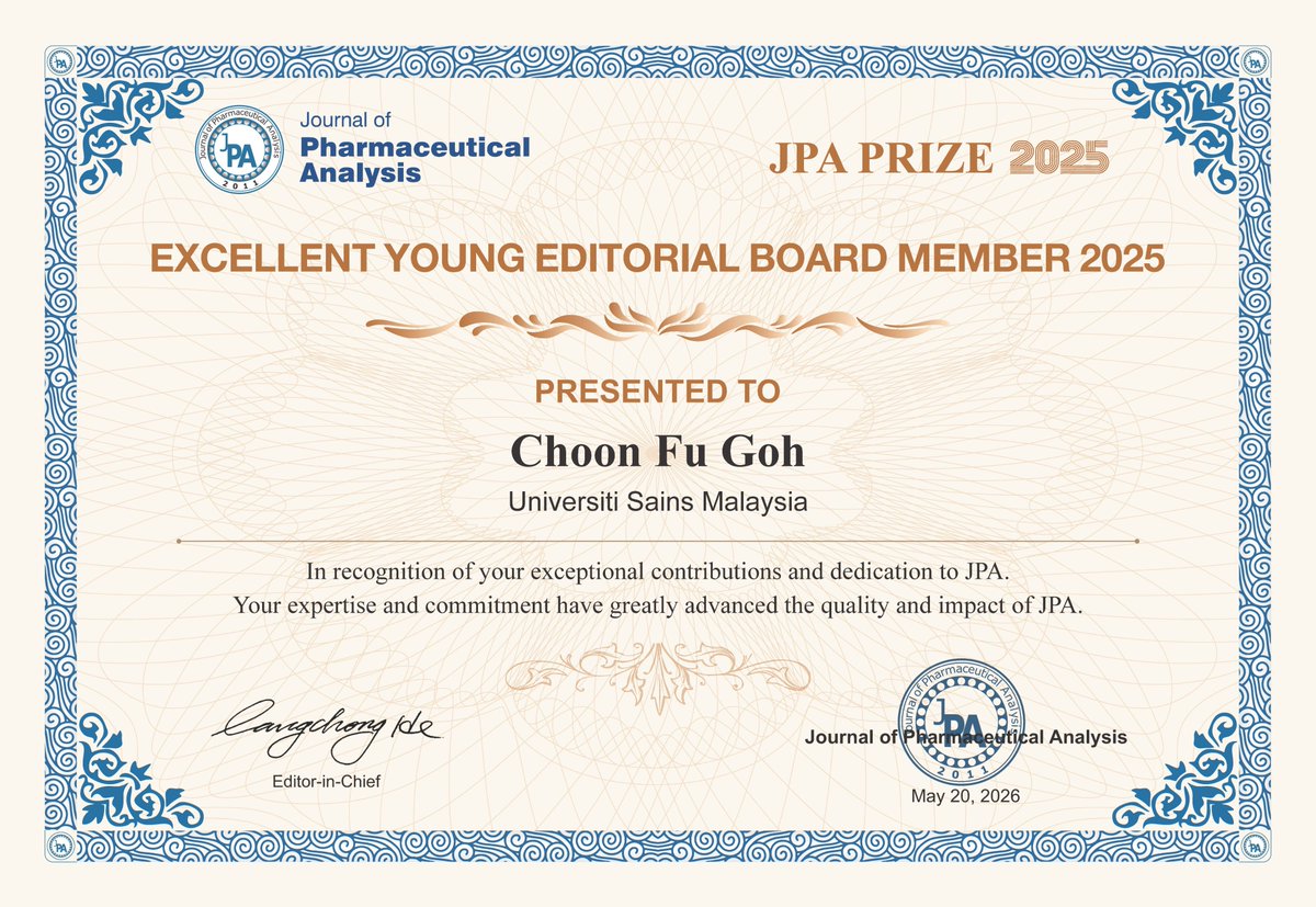 gohchoonfu's tweet photo. Honored to receive the JPA Prize 2025 – Excellent Young Editorial Board Member from the Journal of #PharmaceuticalAnalysis (JPA) @JPharmAnalysis 🎉
Grateful for the recognition and looking forward to advancing pharmaceutical sciences #pharmaceutics #drugdelivery https://t.co/21bxFFhNQv
