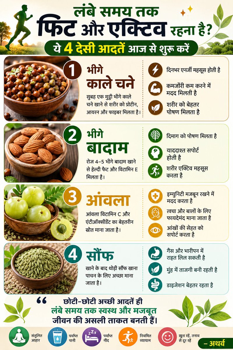 Talwar_1009's tweet photo. लंबे समय तक फिट और एक्टिव रहना है? ये 4 देसी आदतें आज से शुरू करें 

1. भीगे काले चने सुबह एक मुट्ठी भीगे काले चने खाने से शरीर को प्रोटीन, आयरन और फाइबर मिलता है।

दिनभर एनर्जी महसूस होती है

कमजोरी कम करने में मदद मिलती है

शरीर को बेहतर पोषण मिलता है

2. भीगे बादाम रोज 4–5 भीगे बादाम खाने से हेल्दी फैट और विटामिन E मिलता है।

दिमाग को पोषण मिलता है

याददाश्त सपोर्ट होती है

शरीर एक्टिव महसूस करता है

3. आंवला आंवला विटामिन C और एंटीऑक्सीडेंट का बेहतरीन स्रोत माना जाता है।

इम्युनिटी मजबूत रखने में मदद करता है

त्वचा और बालों के लिए फायदेमंद माना जाता है

आंखों की सेहत को सपोर्ट करता है

4. सौंफ खाने के बाद थोड़ी सौंफ खाना पाचन के लिए अच्छा माना जाता है।

गैस और भारीपन में राहत मिल सकती है

मुंह में ताजगी बनी रहती है

डाइजेशन बेहतर रहता है

छोटी-छोटी अच्छी आदतें ही लंबे समय तक स्वस्थ और मजबूत जीवन की असली ताकत बनती हैं।