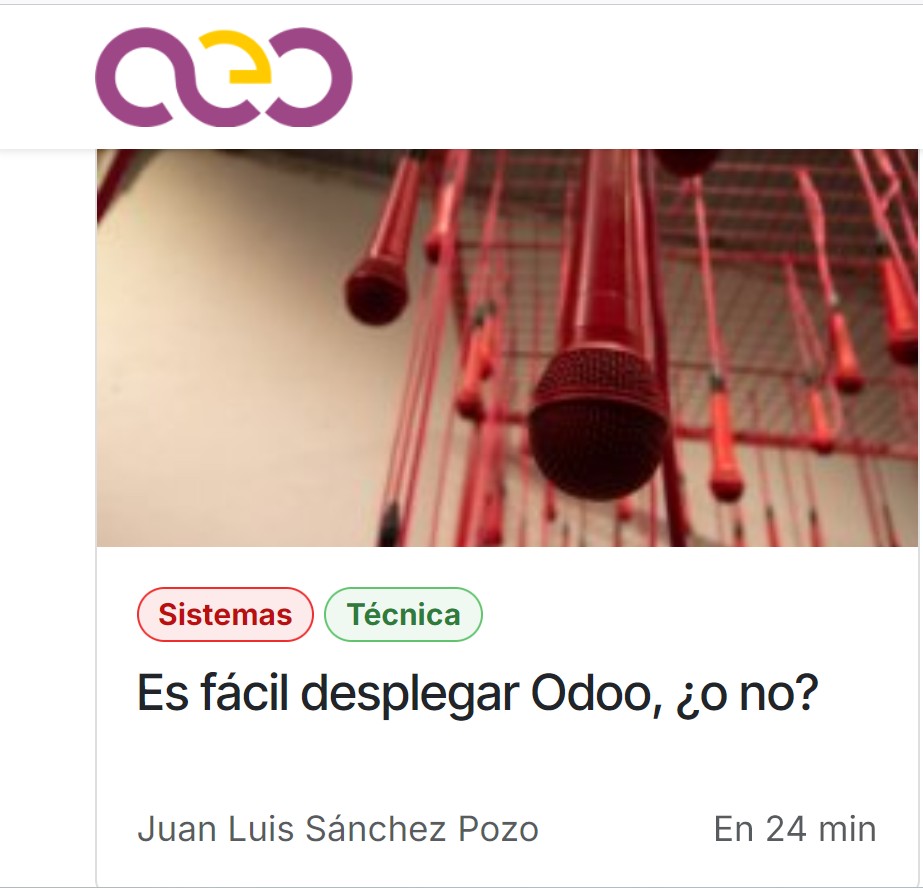 vortexdimension's tweet photo. Nuestro compañero Juan Luis Sanchez Pozo a las 13:00 h de hoy hablará sobre  métodos de despliegue de Odoo, en una ponencia titulada "Es fácil desplegar Odoo ¿o no? 
Podéis verla en directo y posteriormente a través del canal de Youtube de la AEODOO https://t.co/MoOwY3odOX https://t.co/GbaNFN3CJ8