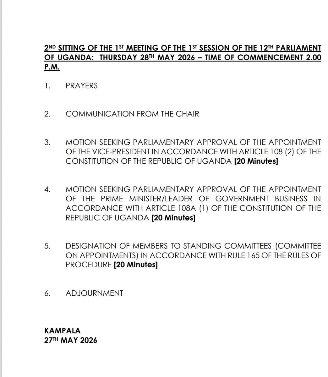 Voiceoflangofm's tweet photo. UPDATE: @Parliament_Ug will convene this week on Thursday, 28th May 2026, at 2pm to consider for approval,  appointment of the Vice President, Rtd Maj. Jessica Rose Alupo Epel as Vics President and Robinah Nabbanja as Prime Minister according  to the Order Paper.

Parliament  will also designate Members to the different  Standing Committees.