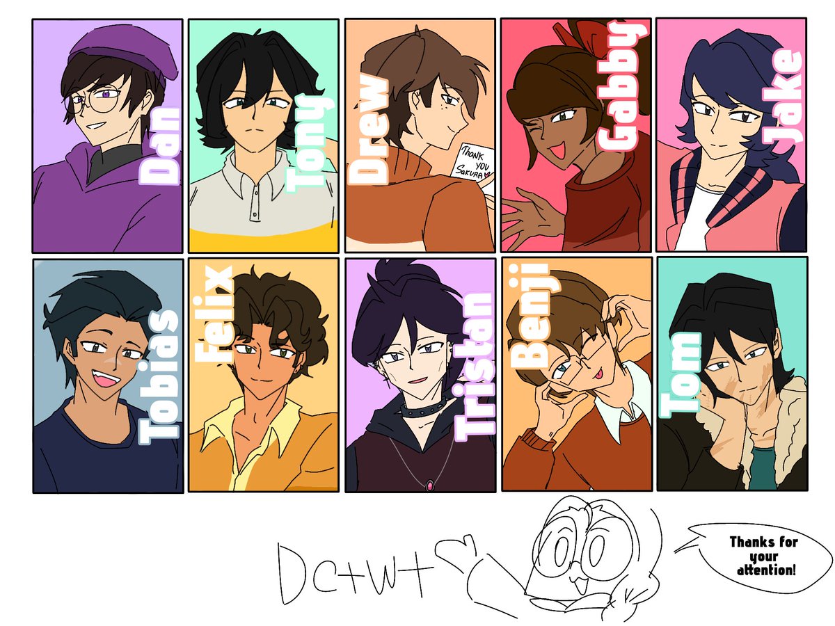TBekimova75838's tweet photo. Okay, it wasn't 2 parts, but I was able to draw all the characters that were requested) 💗🤧☺️
I hope you enjoy it)🫠🔥
#dctwt #disventurecamp #Lucia #Ren #Aiden #Lill #James #Fiore #Spencer #Yul #Alec #Zaid #Dan #Tony #Drew #Gabby #Jake #Tobias #Felix #Tristan #Benji #Tom https://t.co/QcX6qon2id