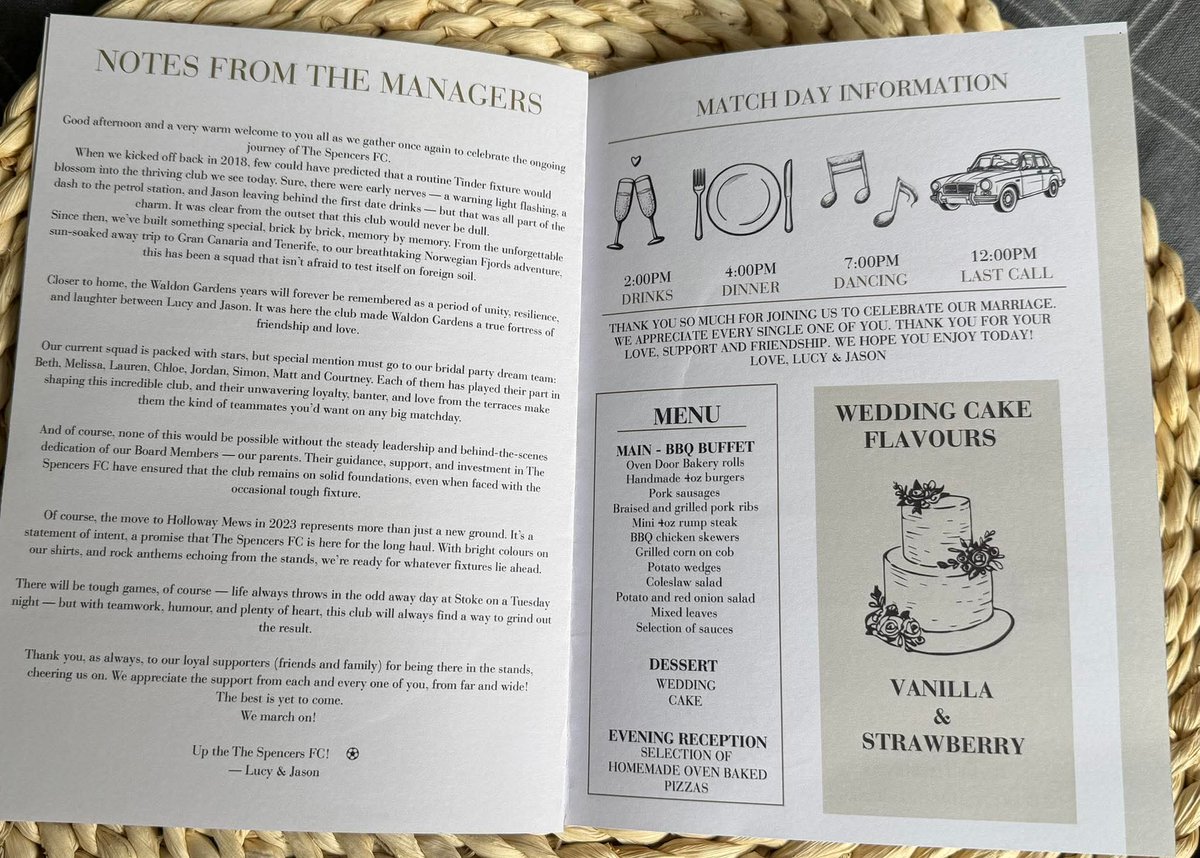 lucmac95's tweet photo. #saintsfc things at my wedding :
- "matchday programme" for our order of service, went down well!
- best man made a joke about "nothing stopping them getting to Wembley again" - like a lead balloon 🤣🤣🤦🏼‍♀️
- red &amp; white theme existed
- "spying on the dancefloor" dance moves 🙄 https://t.co/0CRKC5CgC8