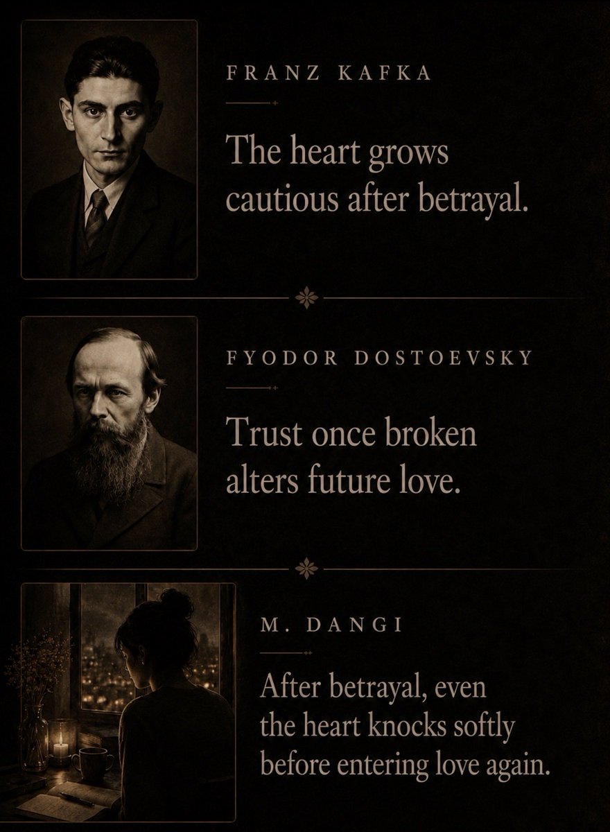 SpiritFemLit's tweet photo. Kafka understood the caution.
Dostoevsky understood the wound.
M. Dangi understood what happens after survival, when the heart still loves, but enters softly.

Spiritual Feminist Literature
#FranzKafka #Dostoevsky #MDangi #SpiritualFeministLiterature #TheDangiEra #LiteraryQuotes https://t.co/sPh8b751qp