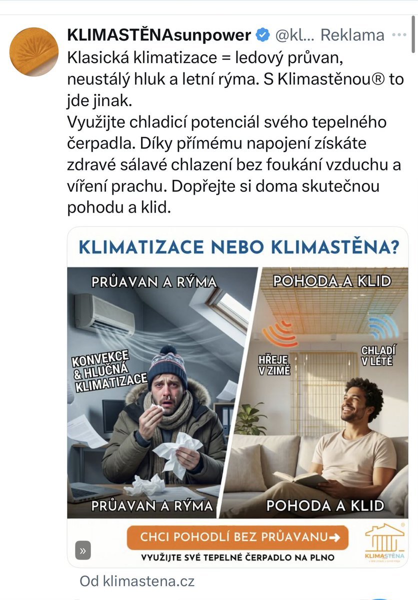 jklklima's tweet photo. @klimastena851 Co to je průavan? A pohodlí bez průavanu?? https://t.co/Mmcp5QL3Da
