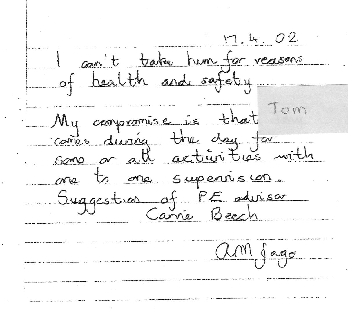 AnneJago's tweet photo. I gave this note to my head. She ignored it and continued to insist Tom should stay in an unsupervised dormitory, putting all the pupils in that dormitory at risk

@bphillipsonMP says it was "reasonable" for me to be disciplined for "blowing the whistle" to protect these pupils https://t.co/7k3r22ydGj