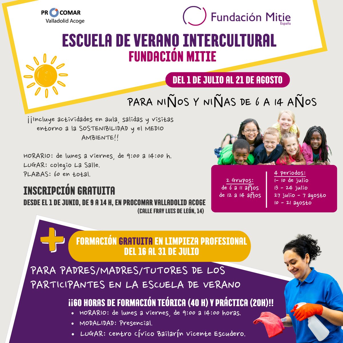 ProcomarVLL's tweet photo. ¡Escuela de Verano Intercultural de Fundación Mitie! Inscripciones abiertas desde el 1 de junio. Actividades, salidas y visitas de sostenibilidad y medio ambiente. Si eres madre/padre de una de las participantes de la escuela de verano, realiza la Formación Limpieza Profesional!! https://t.co/NtVaZn7zp7