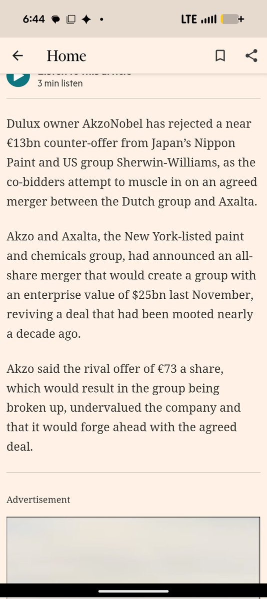 evantindell's tweet photo. Nippon Paint trying to break up the merger of Akzo and Axalta via an overbid...

Perhaps another sign that Japanese companies are increasingly willing to fully participate in the capitalist game. https://t.co/vD3bHvWTmQ