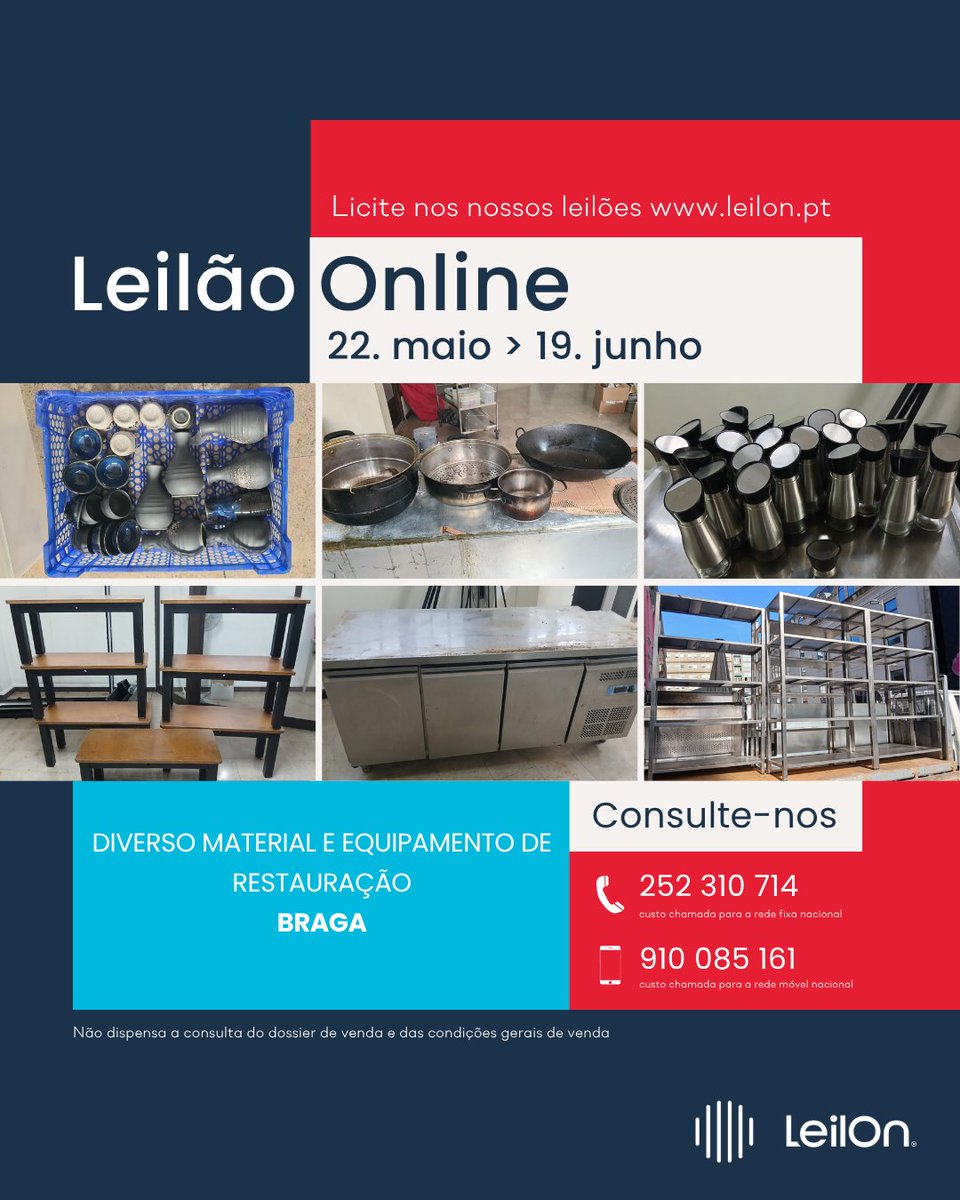 LeilonAtivos's tweet photo. ‼️ LEILÃO ONLINE ‼️

📢 DIVERSO MATERIAL E EQUIPAMENTO DE RESTAURAÇÃO

Licite até 19 de junho — não deixe passar esta oportunidade!
https://t.co/Dk7PiGPtli

Consulte-nos!
📩 geral@leilon.pt

☎️ 252 310 714 | 910 085 161
🌐 https://t.co/agKLTChEdb https://t.co/k6Zg5QqAFA