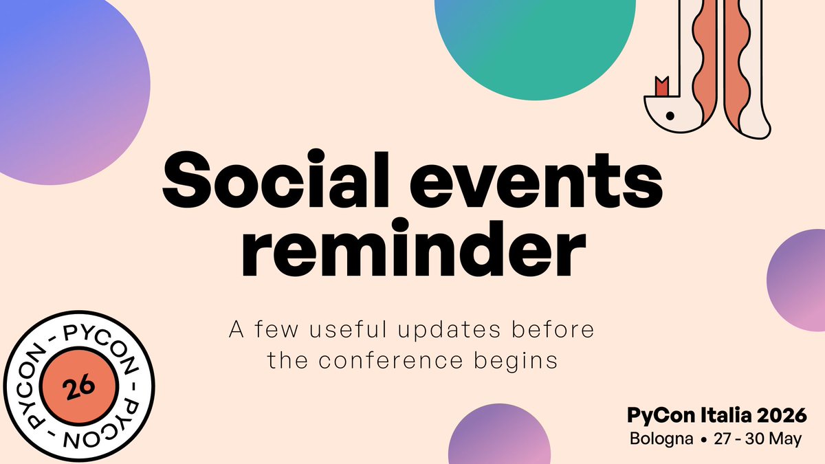 pyconit's tweet photo. 🎉 Ready for the social side of #PyConIT26?

🎤 Karaoke joins the PyDrink tomorrow night
🏛️ Last hours to book your guided tour. Reservations close tomorrow at 1 PM

See you around Bologna 💛

#PyConIT #PythonCommunity https://t.co/YzJocxO9nJ