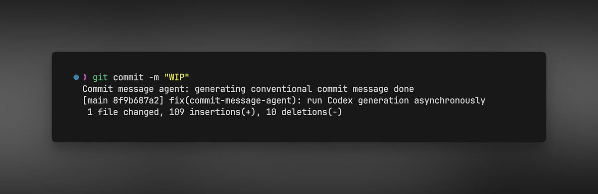 khpeiris's tweet photo. I'm a lazy developer and I almost always use  `𝚐𝚒𝚝 𝚌𝚘𝚖𝚖𝚒𝚝 -𝚖 "𝚠𝚒𝚙"` from the CLI on personal projects.

Today I asked Codex to set up a Git hook with an AI agent so that no matter what commit message I put, it will analyze the staged changes and write a standard conventional commit message.

This is what it got done.

1. Wrote a `𝚜𝚌𝚛𝚒𝚙𝚝𝚜/𝚌𝚘𝚖𝚖𝚒𝚝-𝚖𝚎𝚜𝚜𝚊𝚐𝚎-𝚊𝚐𝚎𝚗𝚝.𝚖𝚓𝚜`
2. Setup `.𝚐𝚒𝚝𝚑𝚘𝚘𝚔𝚜/𝚙𝚛𝚎𝚙𝚊𝚛𝚎-𝚌𝚘𝚖𝚖𝚒𝚝-𝚖𝚜𝚐` to run the script

The important part was using the right Git hook;

`𝚙𝚛𝚎-𝚌𝚘𝚖𝚖𝚒𝚝` runs too early.

`𝚙𝚛𝚎𝚙𝚊𝚛𝚎-𝚌𝚘𝚖𝚖𝚒𝚝-𝚖𝚜𝚐` was the right place because Git has already created the commit message file, and the hook can edit it.

Also, if the AI agent fails, takes too long, or returns something invalid, the script still writes a local meaningful commit message and lets the commit continue.

Now I can commit fast with "𝚆𝙸𝙿", and the repo still gets clean conventional commit messages.

Below is the updated prompt from what I used.

https://t.co/8YBKXXVjmc
