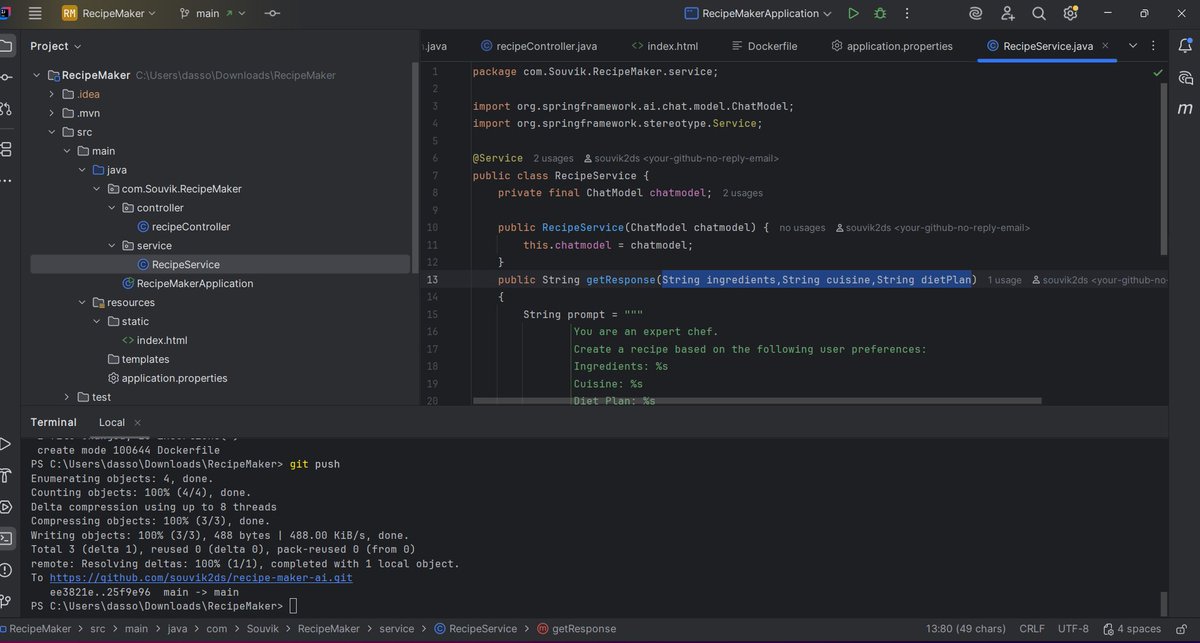 iamSVK3's tweet photo. Built &amp; deployed my 2nd AI project: RecipeMaker AI 🍳

Generates recipes from ingredients using Spring AI + Gemini.

Java | Spring Boot | Docker
GitHub: https://t.co/jyKC3GWep4
#AI #Java #SpringBoot https://t.co/7yxzNccxew