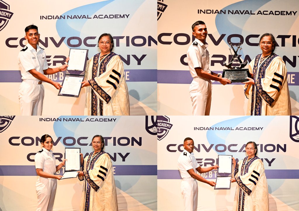 IN_NavalAcademy's tweet photo. A proud milestone in the journey of Future Naval Leaders🎓⚓

In a grand Convocation Ceremony held at the #INA, the Chief Guest, Dr N Kalaiselvi (Secretary DSIR & DG @CSIR_IND) awarded B Tech degrees to 84 Midshipmen, including four international trainees from two friendly foreign countries and three women trainees. 

In her inspiring speech, the Chief Guest, generously complimented the graduating trainees for successfully completing four long years of rigorous training, their parents for their consistent support and the trainers for their remarkable mentorship in shaping future leaders with strong character.

She emphasised on the influence of emerging technologies on the modern battlefields and expressed confidence on the capability of graduating course in adopting to these influences through constant pursuit of innovation, technology absorbtion, and leadership in ensuring maritime security of an aspirational India 🇮🇳✨
#INA #ConvocationCeremony #NavalLeadership  #MaritimeSecurity 
@indiannavy @IndiannavyMedia @IN_HQSNC @IN_HQENC @IN_WNC