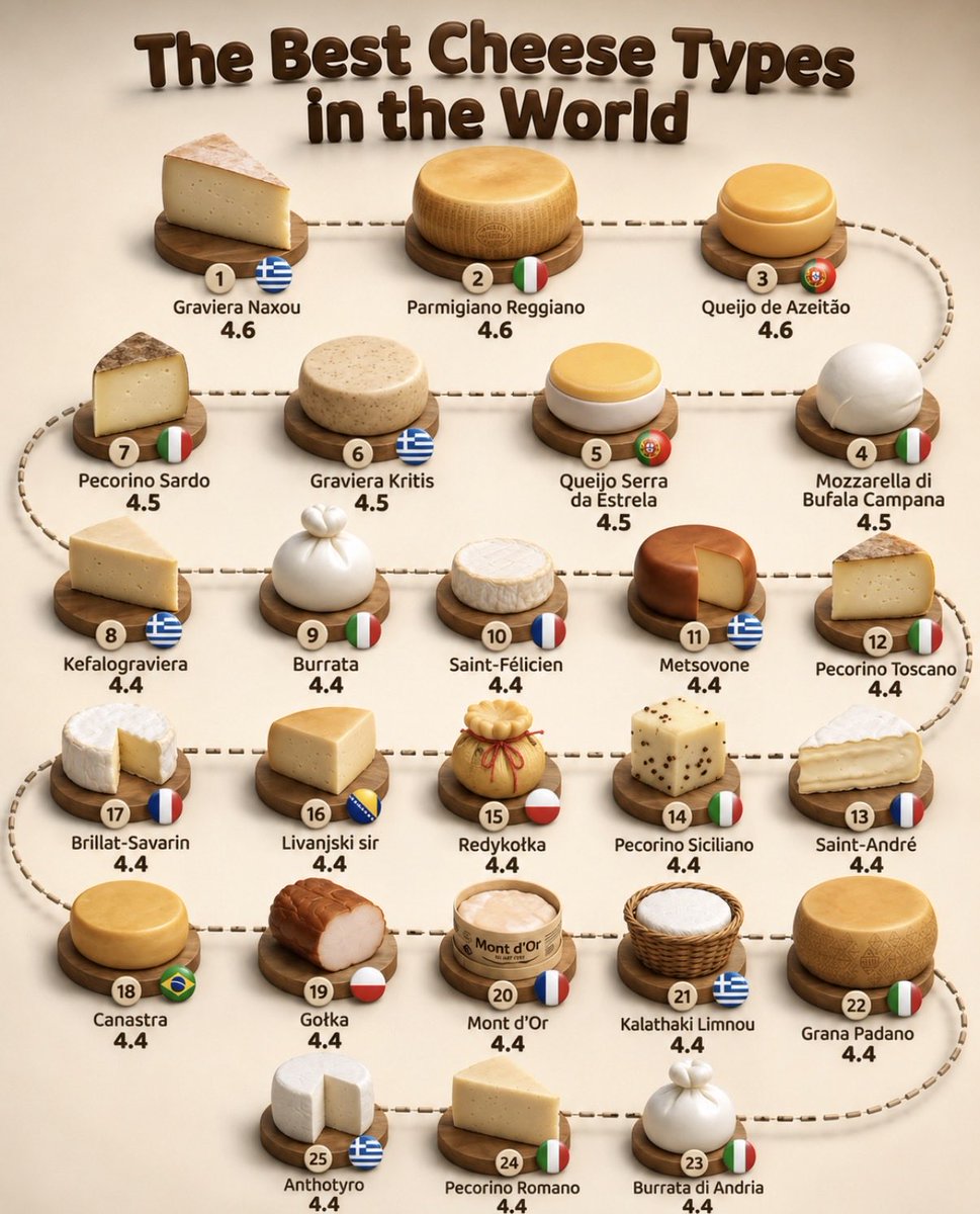 CataPaul2's tweet photo. 🧀 The best cheese types in the world

1. 🇬🇷 Graviere Naxou — 4.6
2. 🇮🇹 Parmigiano Reggiano — 4.6
3. 🇵🇹 Queijo de Azeitão — 4.6
4. 🇮🇹 Mozzarella di Bufala Campana — 4.5
5. 🇵🇹 Queijo Serra da Estrela — 4.5
6. 🇬🇷 Graviere Kritis — 4.5
7. 🇮🇹 Pecorino Sardo — 4.5
8. 🇬🇷 Kefalograviera — 4.4
9. 🇮🇹 Burrata — 4.4
10. 🇫🇷 Saint-Félicien — 4.4
11. 🇬🇷 Metsovone — 4.4
12. 🇮🇹 Pecorino Toscano — 4.4
13. 🇫🇷 Saint-André — 4.4
14. 🇮🇹 Pecorino Siciliano — 4.4
15. 🇵🇱 Redykołka — 4.4
16. 🇧🇦 Livanjski sir — 4.4
17. 🇫🇷 Brillat-Savarin — 4.4
18. 🇧🇷 Canastra — 4.4
19. 🇵🇱 Gołka — 4.4
20. 🇫🇷 Mont d’Or — 4.4
21. 🇬🇷 Kalathaki Limnou — 4.4
22. 🇮🇹 Grana Padano — 4.4
23. 🇮🇹 Burrata di Andria — 4.4
24. 🇮🇹 Pecorino Romano — 4.4
25. 🇬🇷 Anthotyro — 4.4

🖇️ Source: TasteAtlas