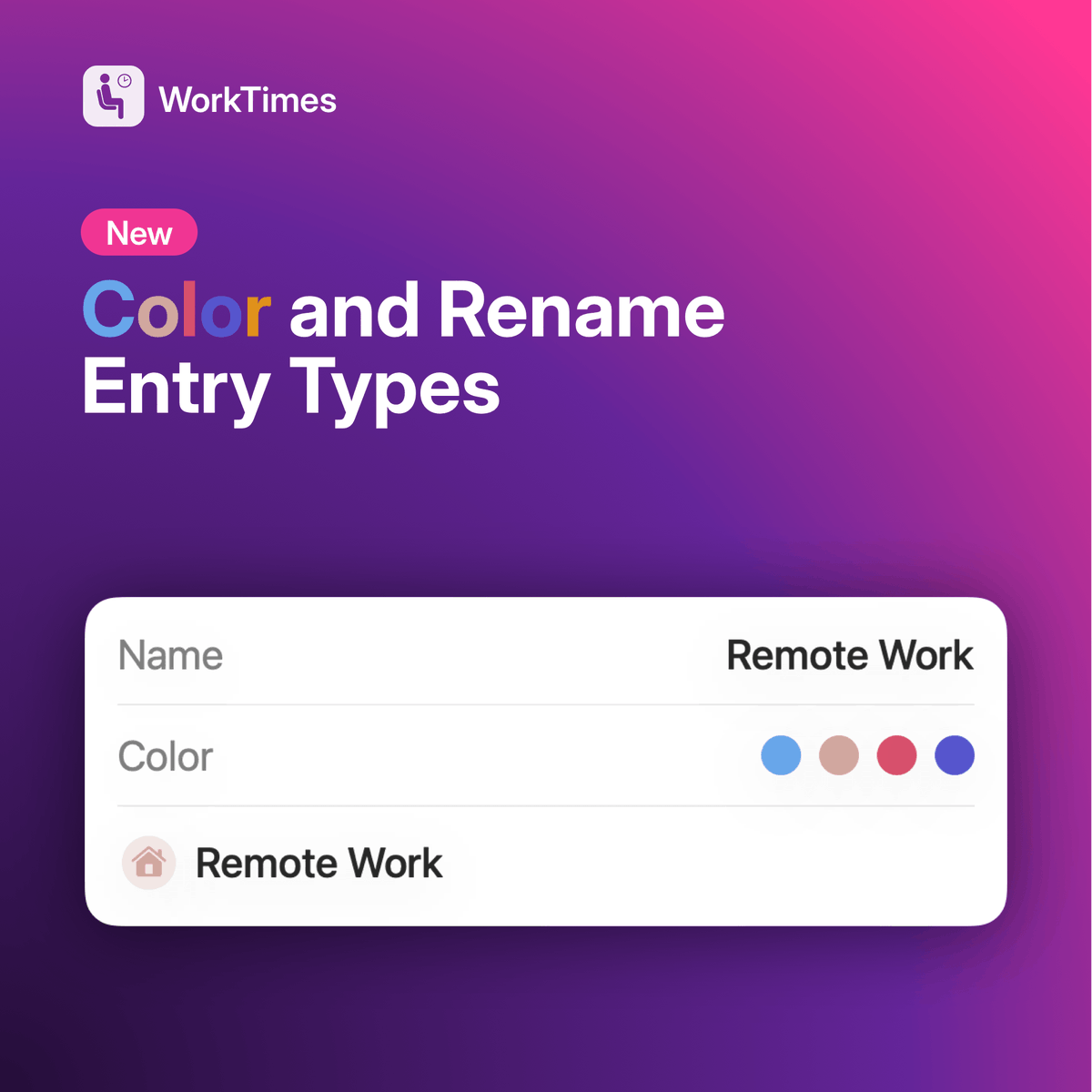 WorkTimesApp's tweet photo. WorkTimes 6.14 is here.

New: Additional entry types for Work from Home, Travel Time, Special Leave, and Sick Child Leave.

You can also customize entry types with your own names and colors.

Update now on the App Store. https://t.co/wUKiUnqh9j