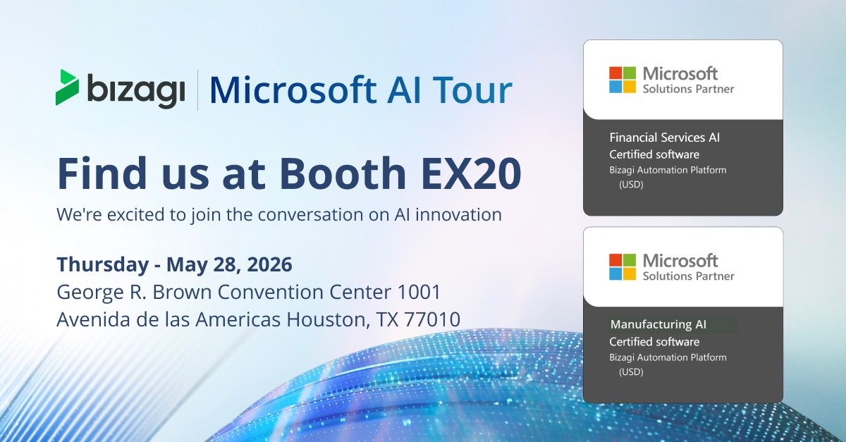 bizagi's tweet photo. We're a proud Exhibitor Sponsor at the Microsoft AI Tour in Houston this Thursday.
 
You'll find us at Booth EX20 where you can meet our team, see Bizagi demos, and explore how Bizagi + Microsoft AI can help you achieve your automation goals.
 
See you in Houston! 🌟 https://t.co/xhdVCya6Cl