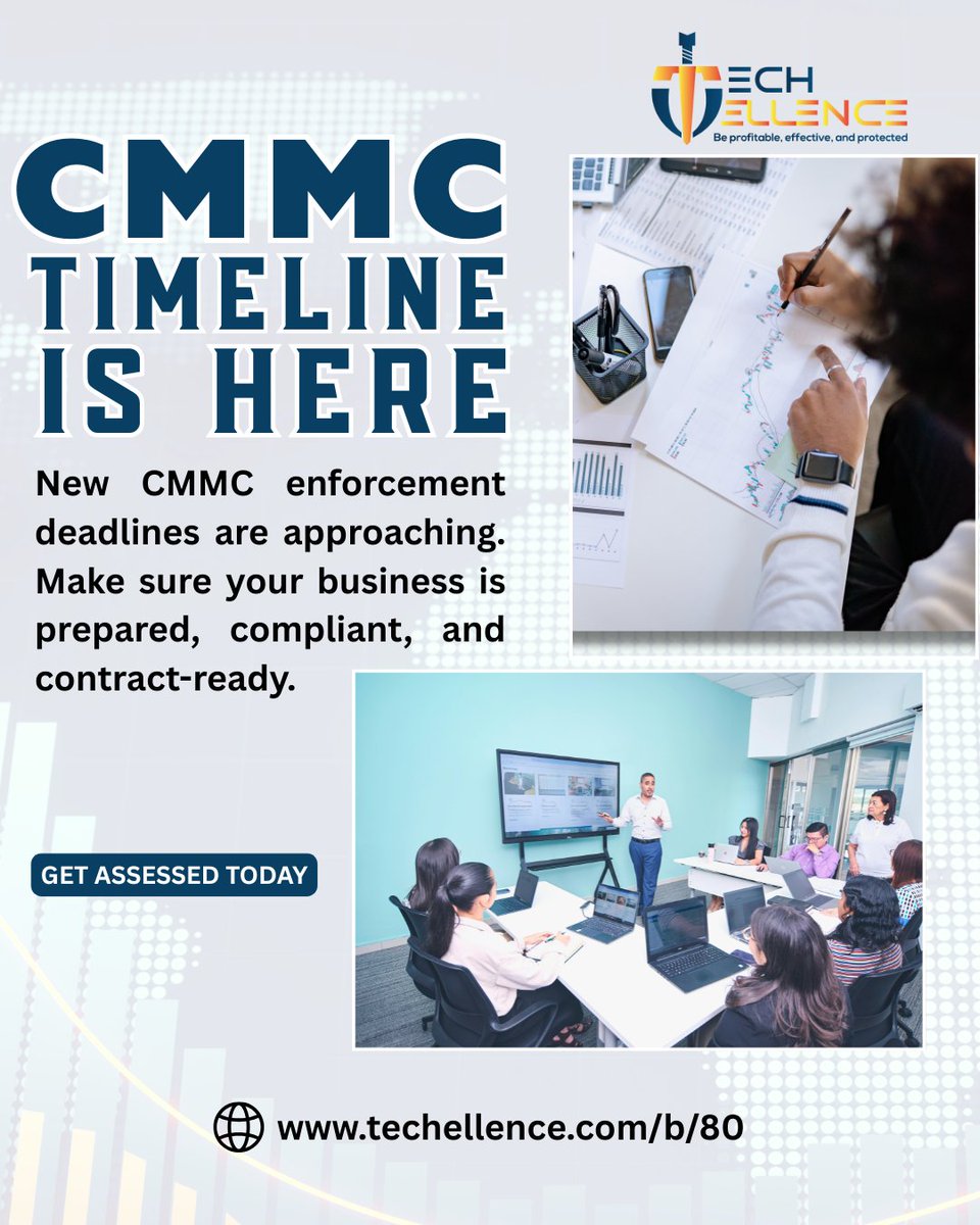 techellence's tweet photo. 🚨 Is Your Business Ready for the New CMMC Enforcement Timeline?

📩 Message us today to assess your CMMC readiness.
https://t.co/sIoJJzmDmE

#CMMC #CyberCompliance #DefenseContracting https://t.co/KowUaw6G7p