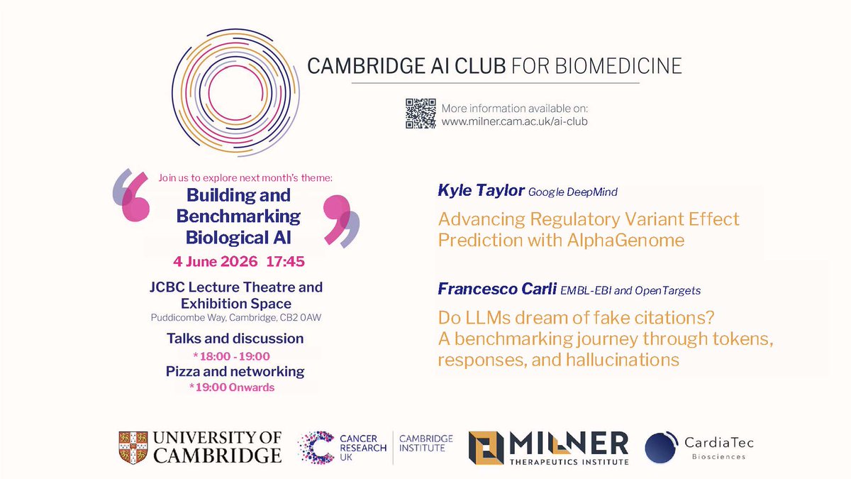 TheMilnerInst's tweet photo. 🤖 AI Club for Biomedicine: Building and Benchmarking Biological AI

4 June, Cambridge

Join @AIClubBioMed as they welcome speakers Kyle Taylor (@GoogleDeepMind) and Francesco Carli (@emblebi and @OpenTargets)

No need to register, just turn up! 

🔗 https://t.co/kdZKrImMXZ https://t.co/QGVm78YplU