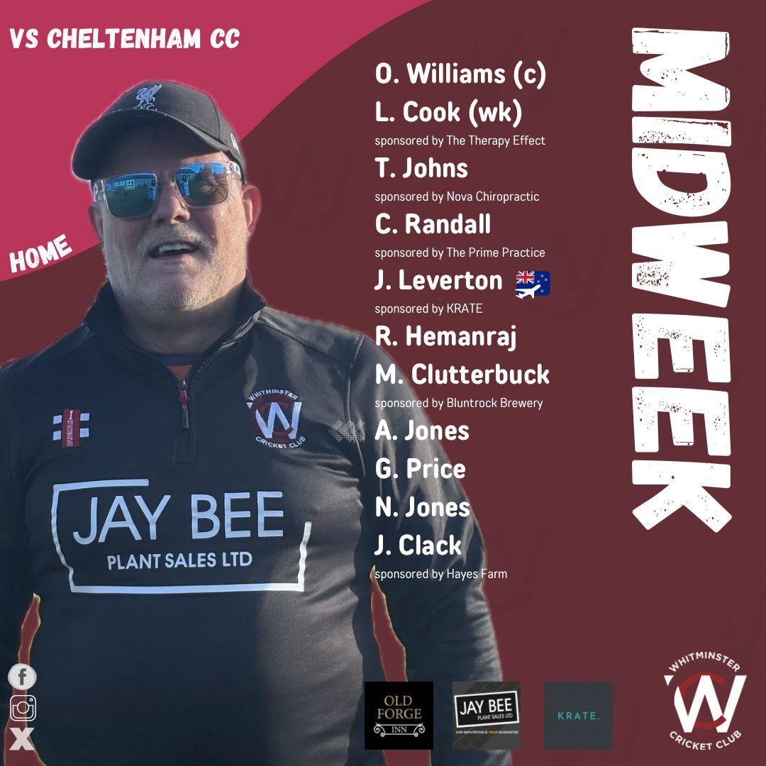 WhitminsterCC's tweet photo. 🏏MIDWEEK TEAM🏏

The midweek side are back at Whitminster Playing Field tonight as we host Cheltenham in our latest fixture 👊🏻

Here is your XI for tonight’s game. Come down and support the lads from 6pm 💪🏻 https://t.co/vcknwlqpfg