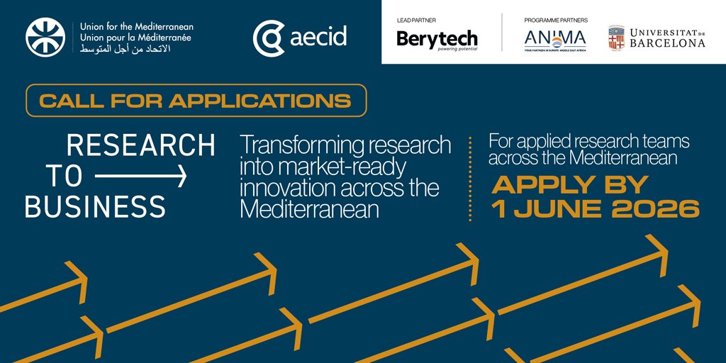UfMSecretariat's tweet photo. Applications are closing soon for the Research to Business (R2B) Programme.

It supports applied research teams across the Mediterranean in transforming scientific knowledge into market-ready innovation.

Apply by 1 June 2026: https://t.co/c9829ZAsP0

With @AECID_es, @Berytech and @UniBarcelona.
