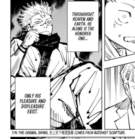 ritzkuna's tweet photo. The duality and juxtaposition shown by Gege in Sukuna's personality is commendable. Honored one (Buddha reference) by the narrator and Fallen One (Satan) https://t.co/iQm1mto2vb