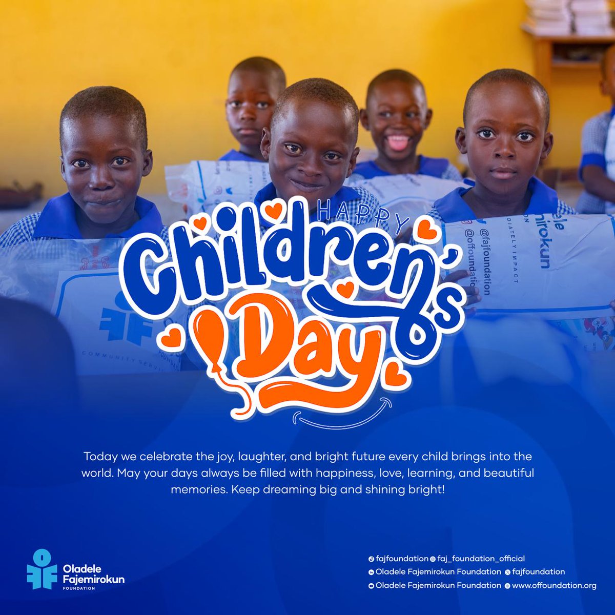 Fajfoundation's tweet photo. Children are the promise of a brighter tomorrow. We remain committed to investing in their joy, education, and well-being to build stronger communities.

Happy Children’s Day from the Oladele Fajemirokun Foundation! Keep shining bright. 
#childrensDay #offoundation #fajfoundation https://t.co/iYRUHI9TPm