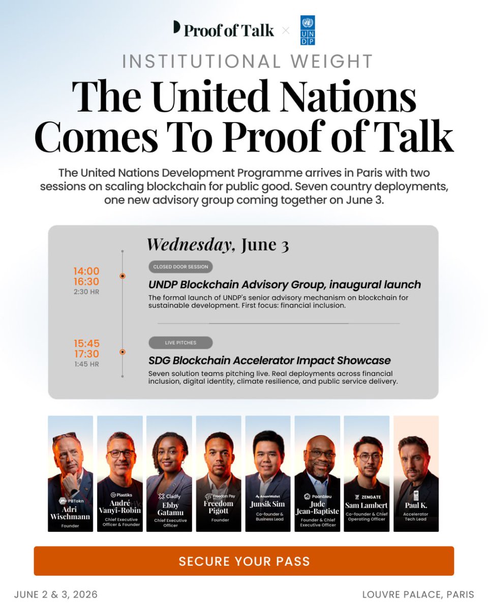 proofoftalk's tweet photo. For the first time, the United Nations brings its blockchain agenda inside the Louvre.

The United Nations Development Programme @UNDP — operating across 170 countries to advance financial inclusion, reduce inequality, and address climate change — joins Proof of Talk for two sessions on blockchain for sustainable development.

14:00: UNDP Blockchain Advisory Group, inaugural launch The formal launch of UNDP's senior advisory mechanism on blockchain for sustainable development. Closed doors.

15:45: SDG Blockchain Accelerator Impact Showcase Seven solution teams. Real-world deployments across financial inclusion, digital identity, climate resilience, and public service delivery.

The speakers holding these conversations: @AdriWischmann · @AndreVanyiRobin · Ebby Gatamu · Freedom Pigott · Junsik Sim · @judejbht · @samlambert · Paul K.

Wednesday, June 3. Palais du Louvre, Paris.
https://t.co/q3BI14qsUI