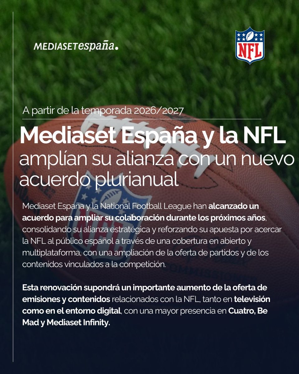 mediasetcom's tweet photo. 🤝Mediaset España y la NFL amplían su alianza con un nuevo acuerdo plurianual 

🏈La alianza reforzará la presencia de la NFL en televisión y digital, con más de 50 partidos en abierto y nuevos contenidos semanales sobre la NFL a partir de la temporada 2026-2027 https://t.co/BEfsGh7JJC