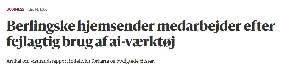 BertilFruelund's tweet photo. Stærkt problematisk sag på Berlingske. Og endnu en grund til at understrege, at journalister bør være ekstremt skeptiske over brug af AI.
Som journalist er man 100 procent ansvarlig for sit produkt. Derfor er det for vigtigt til at overlade til andre - også AI. https://t.co/91U2IjAfEM