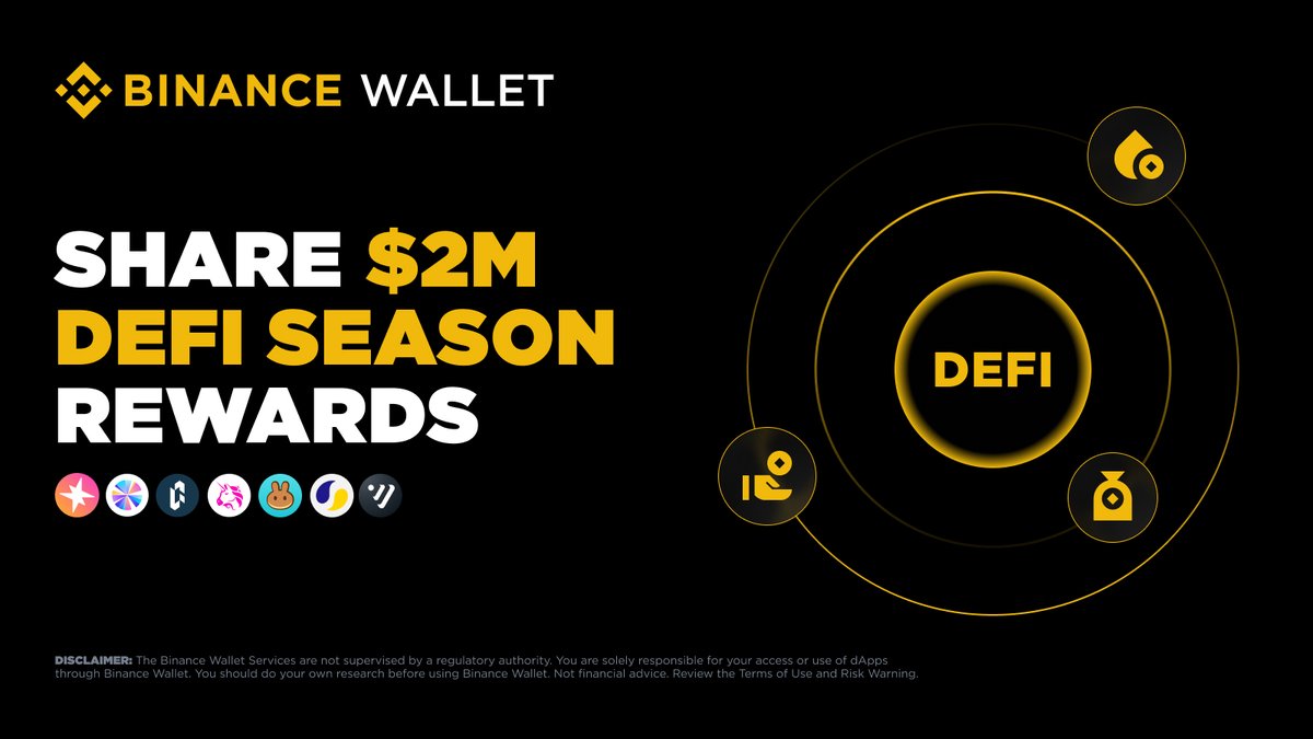 binance's tweet photo. To celebrate the launch of Binance Wallet DeFi, we're introducing a series of DeFi campaigns starting May 28, with $2,000,000 worth of total rewards across Earn, Loans, and Liquidity Pools.

More #BinanceWallet DeFi campaigns are on the way. Stay tuned for what's coming this DeFi Season with Spark, Sky, Lorenzo, UniSwap, PancakeSwap, Lista and Venus .

👉 https://t.co/UfTaT23Iyf
