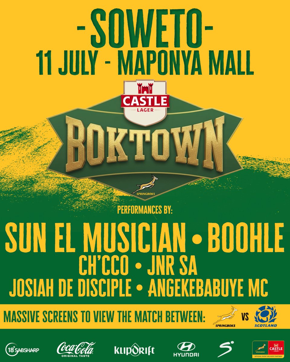 CastleBoktown's tweet photo. Boktown fans!! Three cities added 🇿🇦🇿🇦🇿🇦🔥🔥🔥 

Massive screens. Live performances. Ice-cold Castle Lager, quality shows and matches lined up ahead.

This is the best seat outside the stadium.

Tickets available via Ticketmaster.

#CastleLager #CastleLagerBoktown #Springboks #BestSeatOutsideTheStadium #Boktown #StrongerTogether
