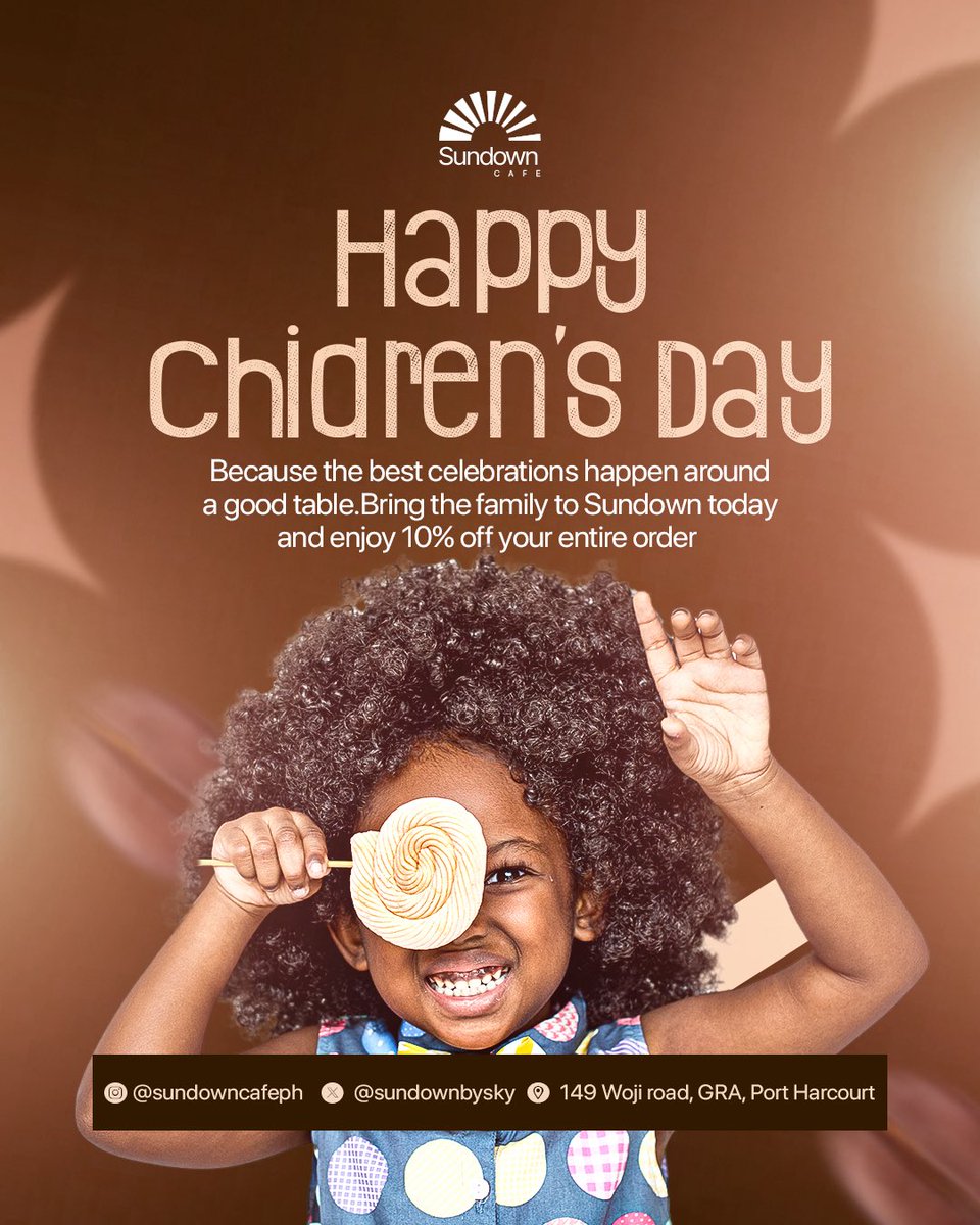 sundownbysky's tweet photo. Happy Children’s Day to every little one celebrating today! 🎉🤍
Come make it extra special at Sundown because good food + good company is the best gift of all.
🎊 We’re giving 10% off all orders today in celebration!
📍 149 Woji Road, GRA, Port Harcourt https://t.co/sLxjqIqYaP