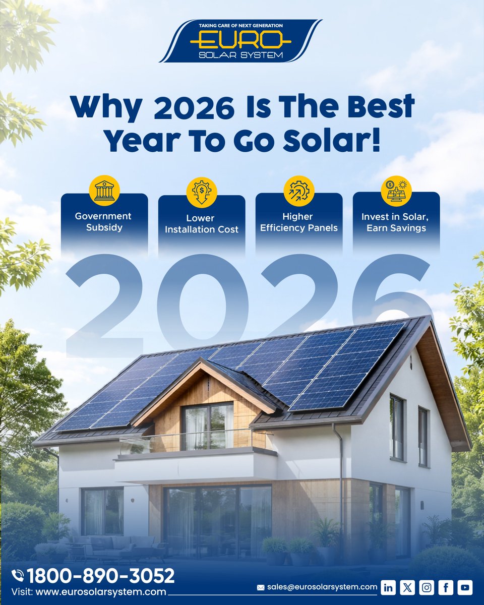 eurosolar_india's tweet photo. 2026 is the perfect time to #SwitchToSolar!

With #GovernmentSubsidies, #LowerInstallationCosts, and higher-efficiency #SolarPanels, investing in #SolarEnergy has never been smarter.

#SaveMore, #ReduceElectricityBills, and move towards a #GreenerFuture with #EuroSolarSystem. https://t.co/UihbiKuLzh
