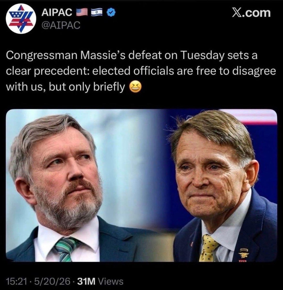 rulajebreal's tweet photo. La lobby israeliana si vanta di aver comprato un seggio elettorale pagando 9 milioni di dollari… 
Tutto per sconfiggere un deputato repubblicano coraggioso come Thomas Massie, che ha criticato i massacri che Israele commette contro i civili in Palestina e in Libano, ha costretto Trump a pubblicare gli Epstein files e ha votato contro l’invio di armi ad Israele.
Massie è un eroe americano.
Ha perso le primarie, ma la lobby israeliana l’ha fatto diventare un simbolo della lotta contro la classe politica criminale di Epstein.
