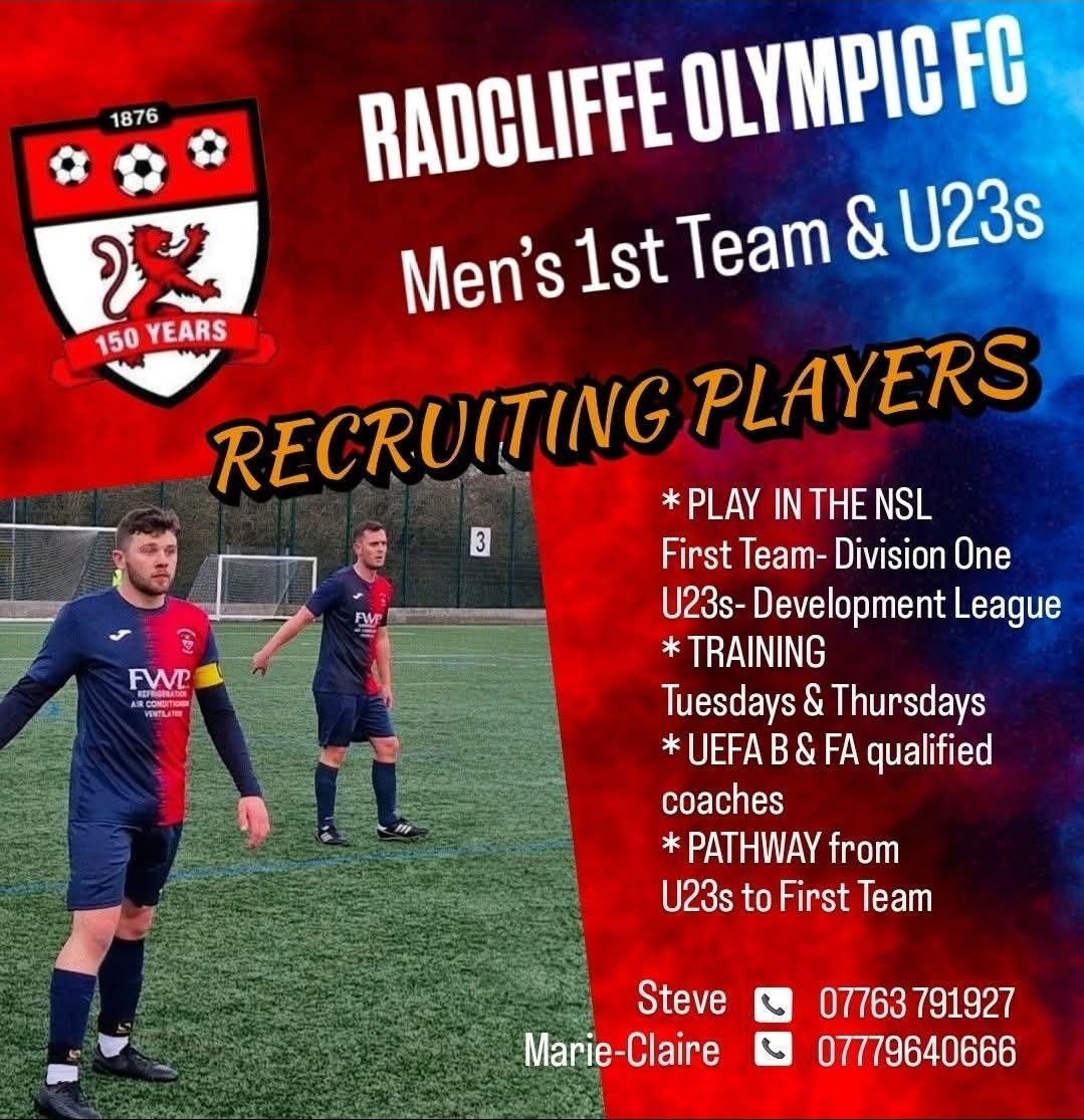 ROFC1876's tweet photo. 🔥 PLAYER RECRUITMENT 🔥
Pre season starts June
Radcliffe Olympic are recruiting for our Men’s 1st Team &amp; U23s

Committed, hard-working players wanted with the attitude, quality &amp; desire to compete ⚽
Interested?
📞 Steve: 07763 791927
📞 Marie-Claire: 07779 640666

🔵🔴🔵🔴 https://t.co/je71APVU7i