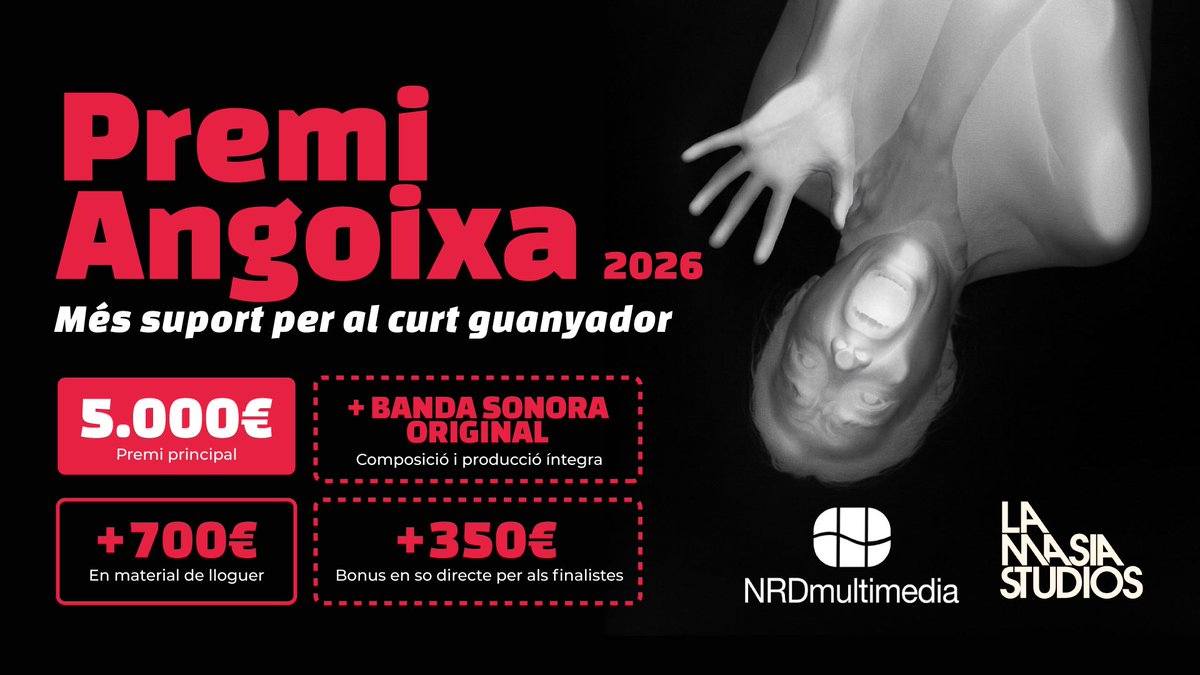 terrorMolins's tweet photo. 📢Novetats al #PremiAngoixa!

El projecte guanyador rebrà 5.000 €, 700 € en material de lloguer de @NRDmultimedia i la BSO original completa de La Masia Studios.

Pels cults finalistes hi haurà un bonus de 350 € per al so directe.

📅Fins al 21/09/2026.
https://t.co/vdb1A58JXk https://t.co/aL4Tzq69V7