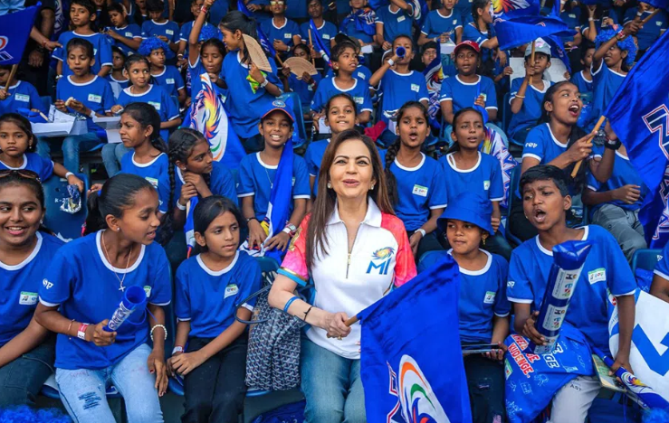 the_ambanis's tweet photo. For the first time in 16 years, 100 visually impaired children joined 20,000 underprivileged kids at the Wankhede for Mumbai Indians' special ESA match. Nita Ambani's emotional reminder to Hardik &amp; team: play from the heart and make these young fans smile! #MIvRR #ESAMatchDay https://t.co/MGMudt2oPB