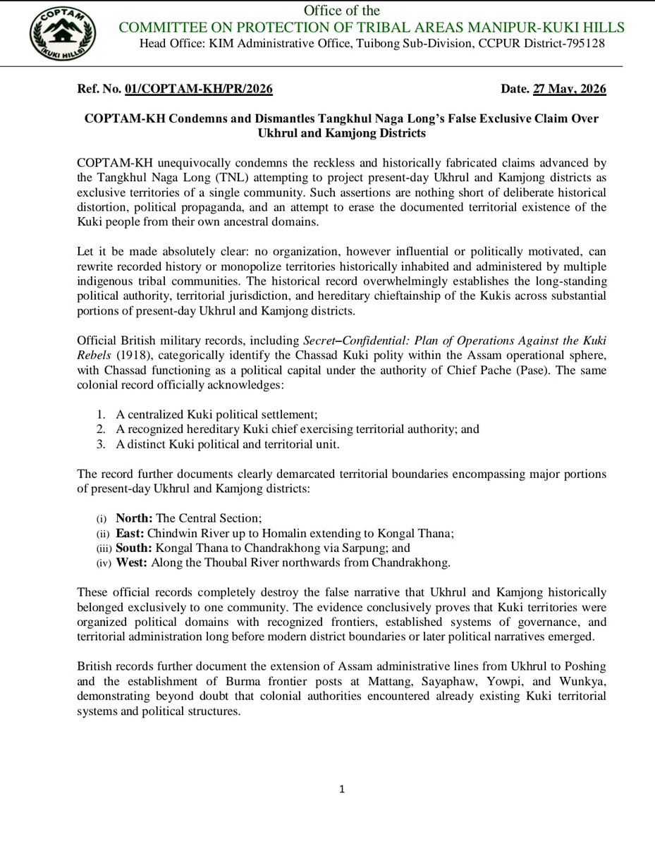 Sumkawn's tweet photo. Manipur: COPTAM-KH express that the Tangkhul Naga Long's exclusive claim of Kamjong/Ukhrul districts is historically fabricated and they highlighted the British colonial record. @MIB_India @ANI @PTI_News @NENowNews @IndiaTodayNE @NELiveTV @ThePrintIndia @the_hindu @thewire_in https://t.co/FpS7xHIRf0